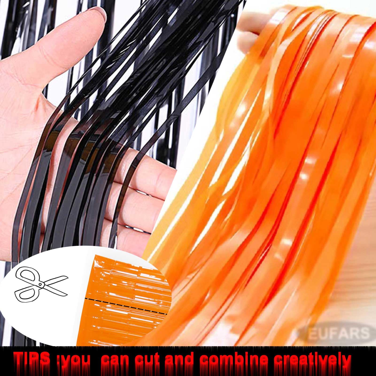 Eufars Foil Fringe Curtains 4 Pack Of 3.2X8.2Ft Orange Black Foil Fringe Curtains For Birthday Halloween Photo Backdrop Party De