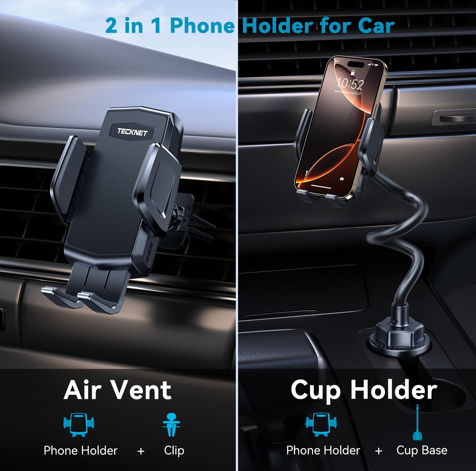 Tecknet Universal Car Cup Phone Holder - Adjustable Cradle Car Mount With Air Vent Phone Mount & Extra Grip Pads For Iphone, Sam
