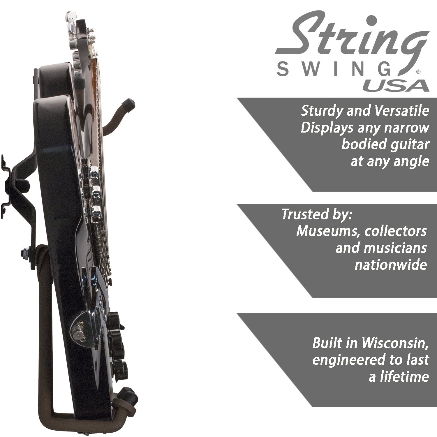 String Swing Guitar Holder Horizontal Low Profile Narrow Body For Flat Wall Mount Bass And Electric Guitars  1 Piece Unit Cc151