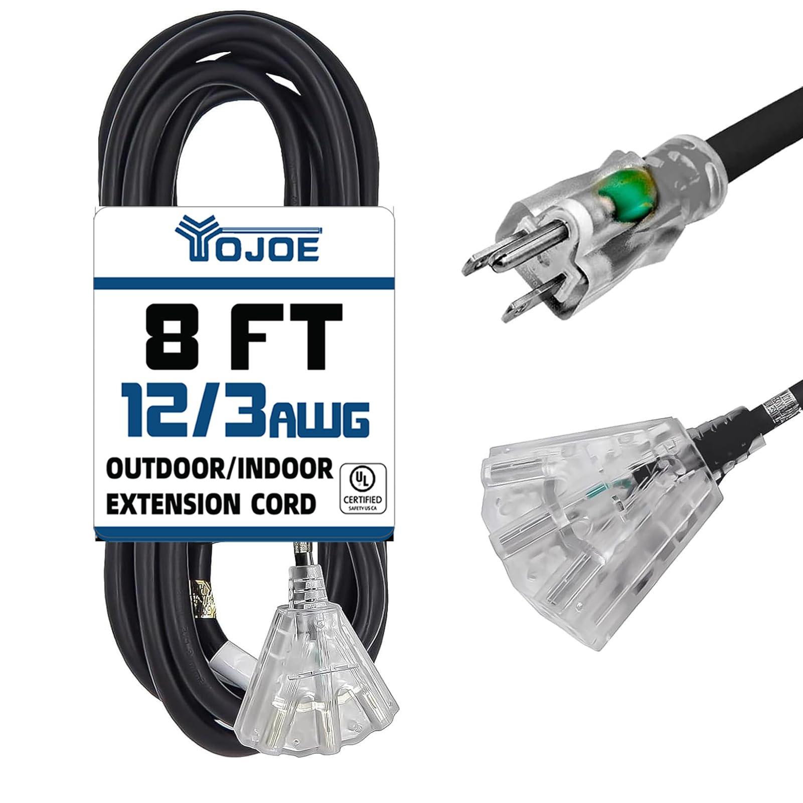 Yojoe 3 Outlets Indoor Outdoor Extension Cord With Lighted End, 3 Prong 15A Weatherproof Power Cord, 12 Gauge Heavy Duty 8 Ft Bl