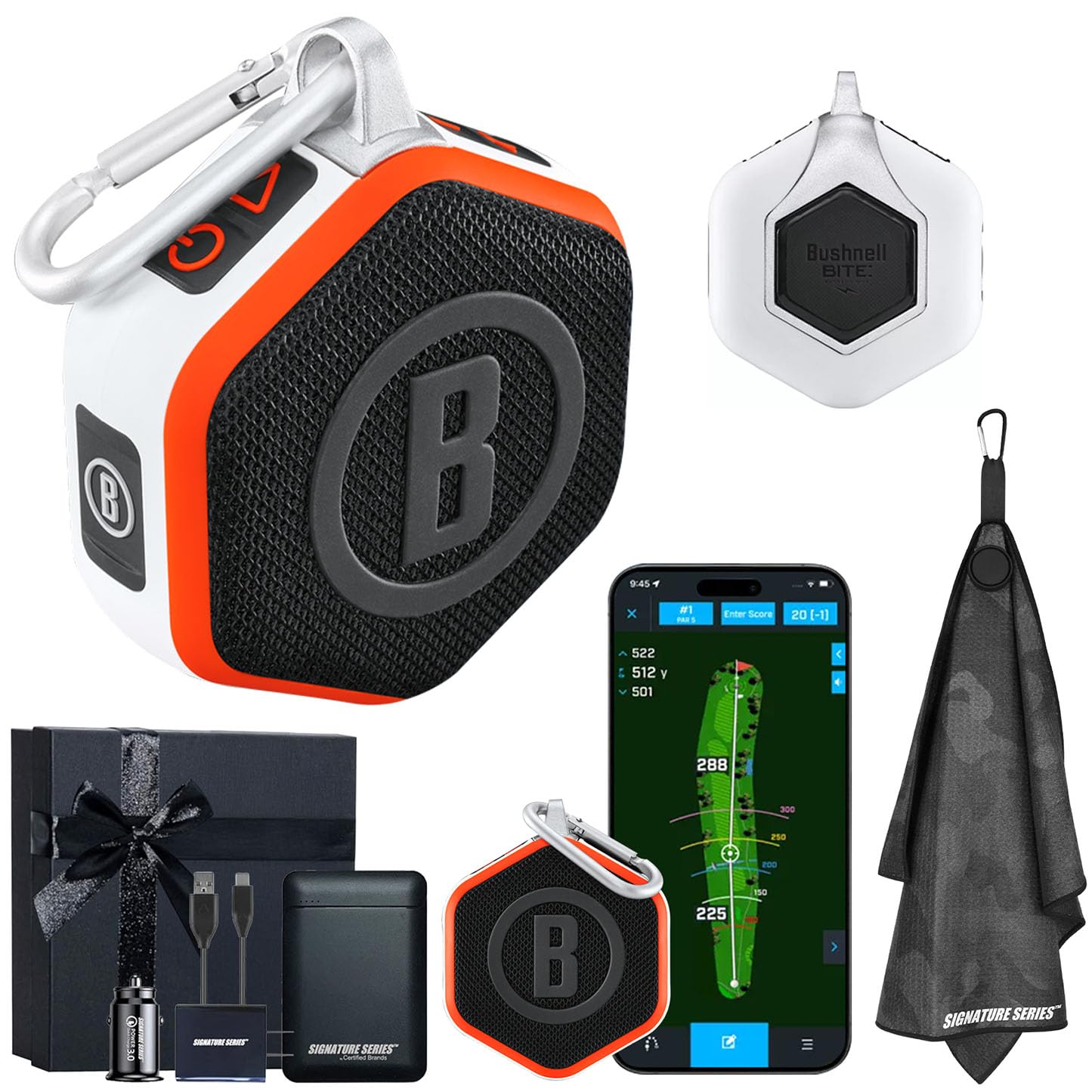 Bushnell Golf Wingman Mini GPS Speaker (Orange/White) | Magnetic Mount, Music & Audible Distances for 38,000+ Courses, Carabiner