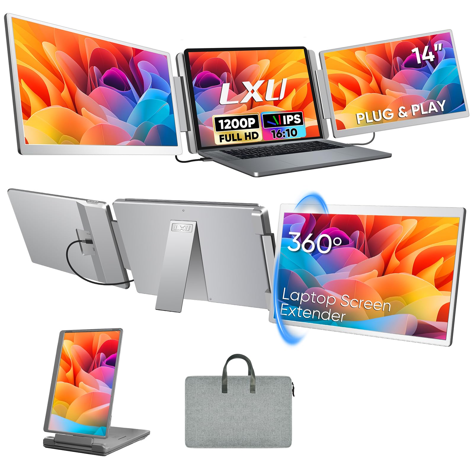 Laptop Screen Extender, FHD 1200P 16:10 IPS Portable Monitor for Laptops 12~16.2 inch, 14 Triple Screen Laptop Monitor Extender 
