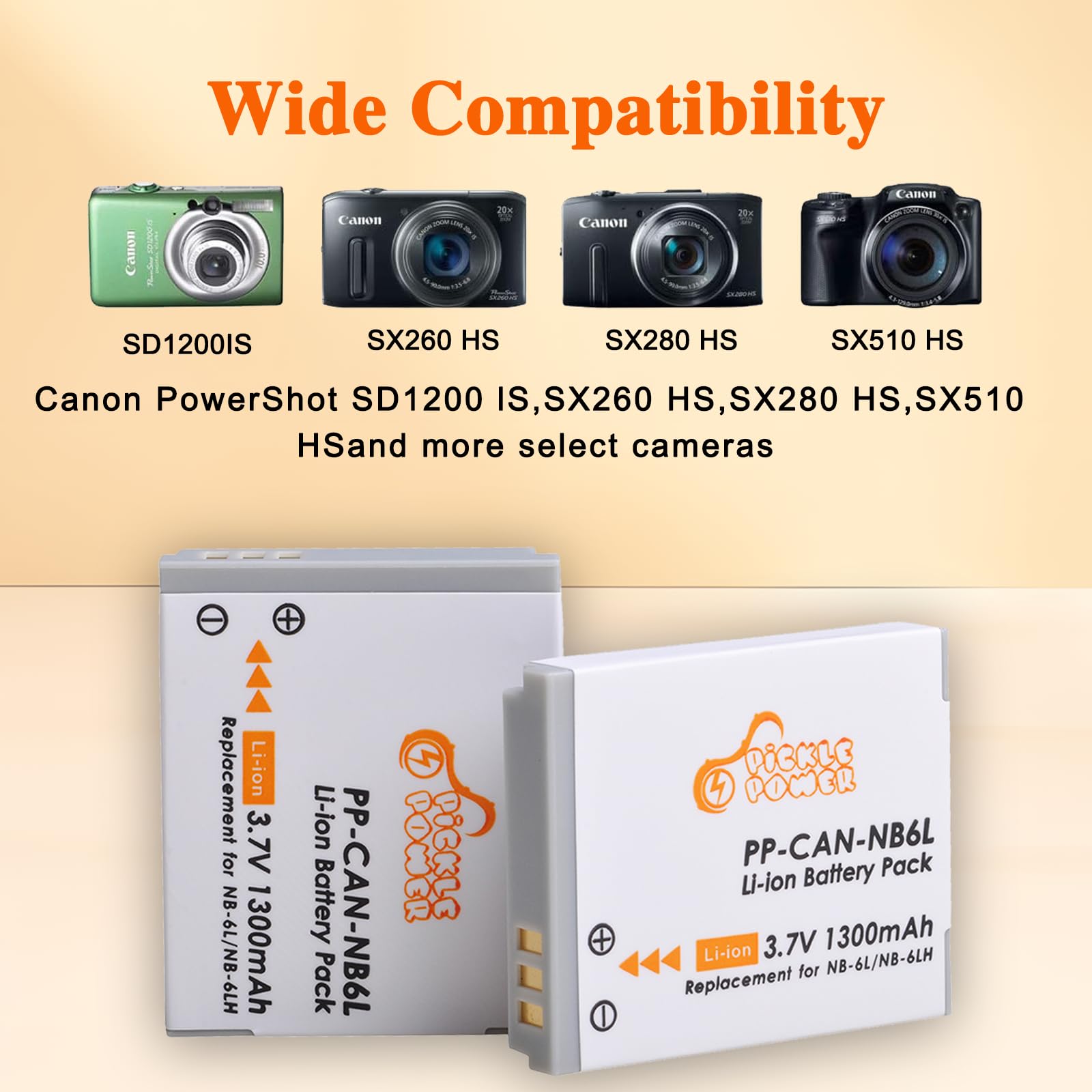Pickle Power NB-6L NB-6LH Rechargeable Camera Batteries & LED Charger for Canon PowerShot SX530, SX710, D30, S90, S120
