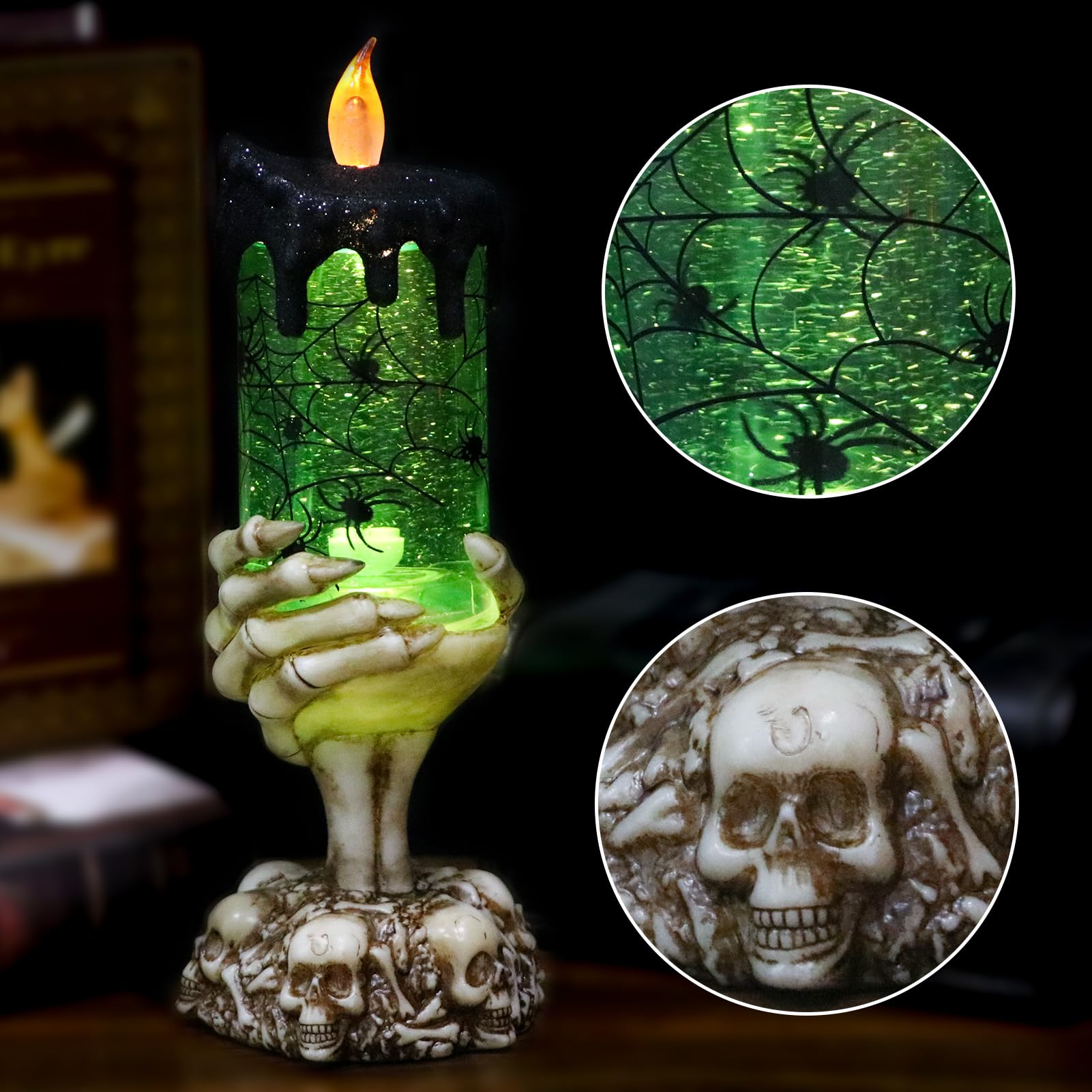 Eldnacele Halloween Snow Globe Candles Lighted Lamp Usb Powered Battery Operated Spooky Spinning Water Glittering Tornado Flamel