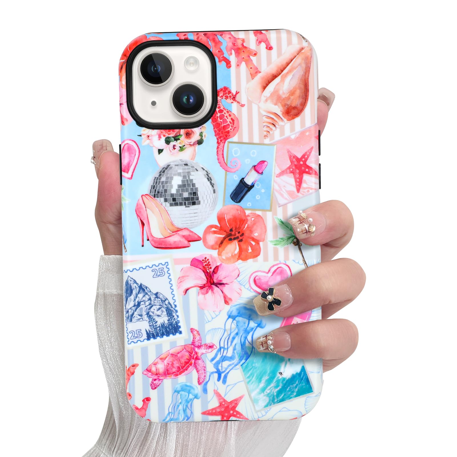 SOKAD Magnetic Summer Collage Phone Case for iPhone 15 Plus, Cute Beach Coastal Collage Pattern Compatible with Magsafe Matte Pr