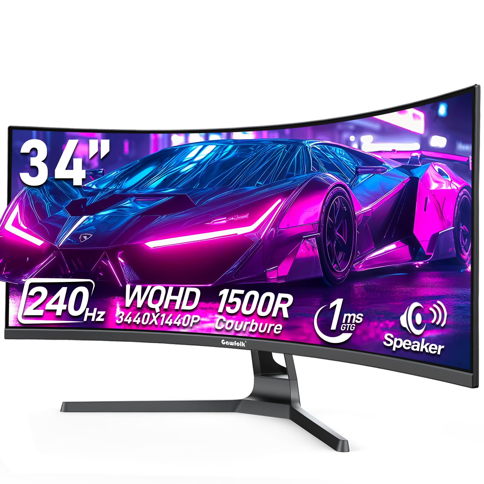 Gawfolk 34 Inch Curved Gaming Monitor, 240Hz Ultrawide PC Monitors Built-in Speakers, UWQHD (3440x1440) 1500R Computer Screen mi
