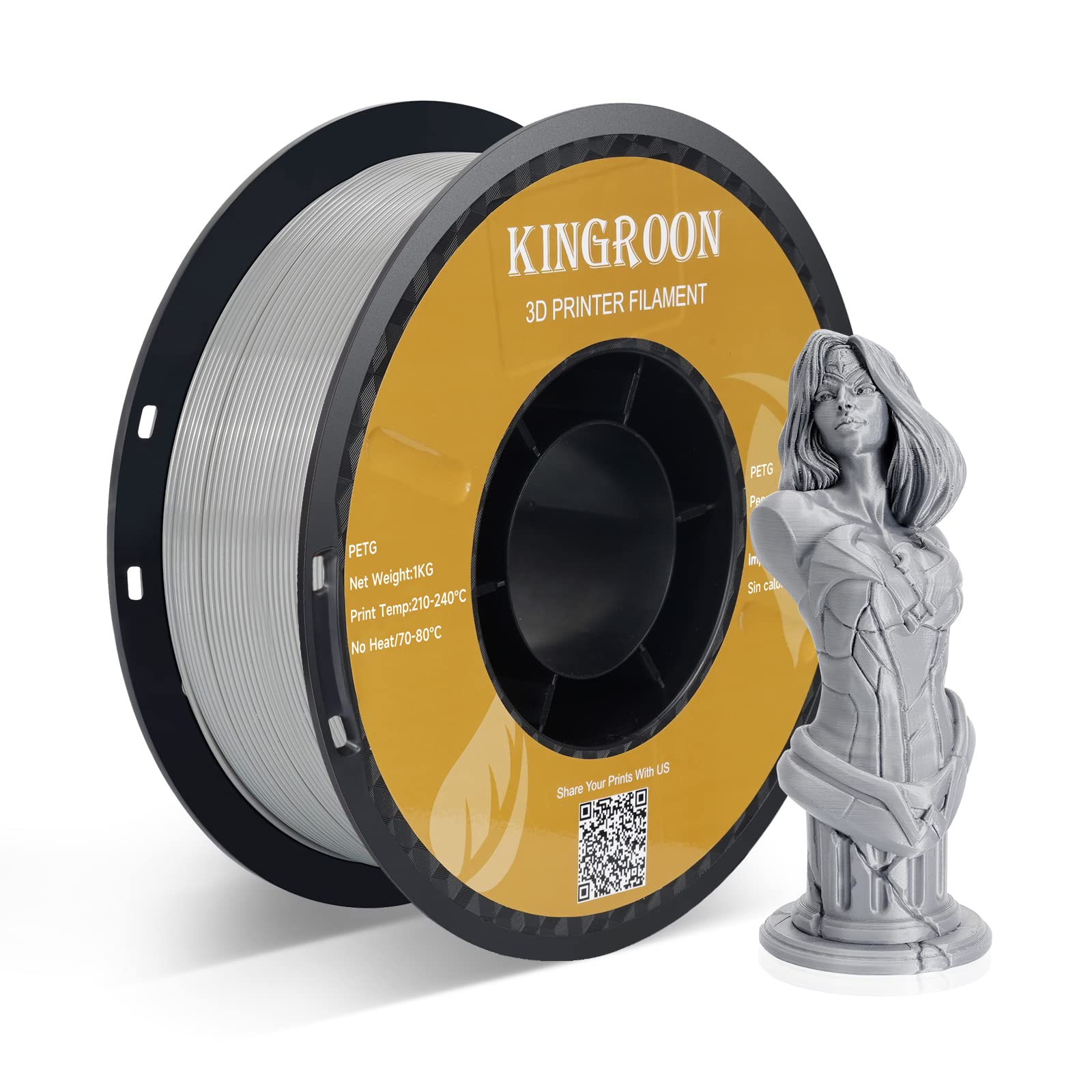 Kingroon PETG 3D Printer Filament, Dimensional Accuracy +/- 0.03 mm, 1 kg Spool(2.2lbs), 1.75 mm, Gray