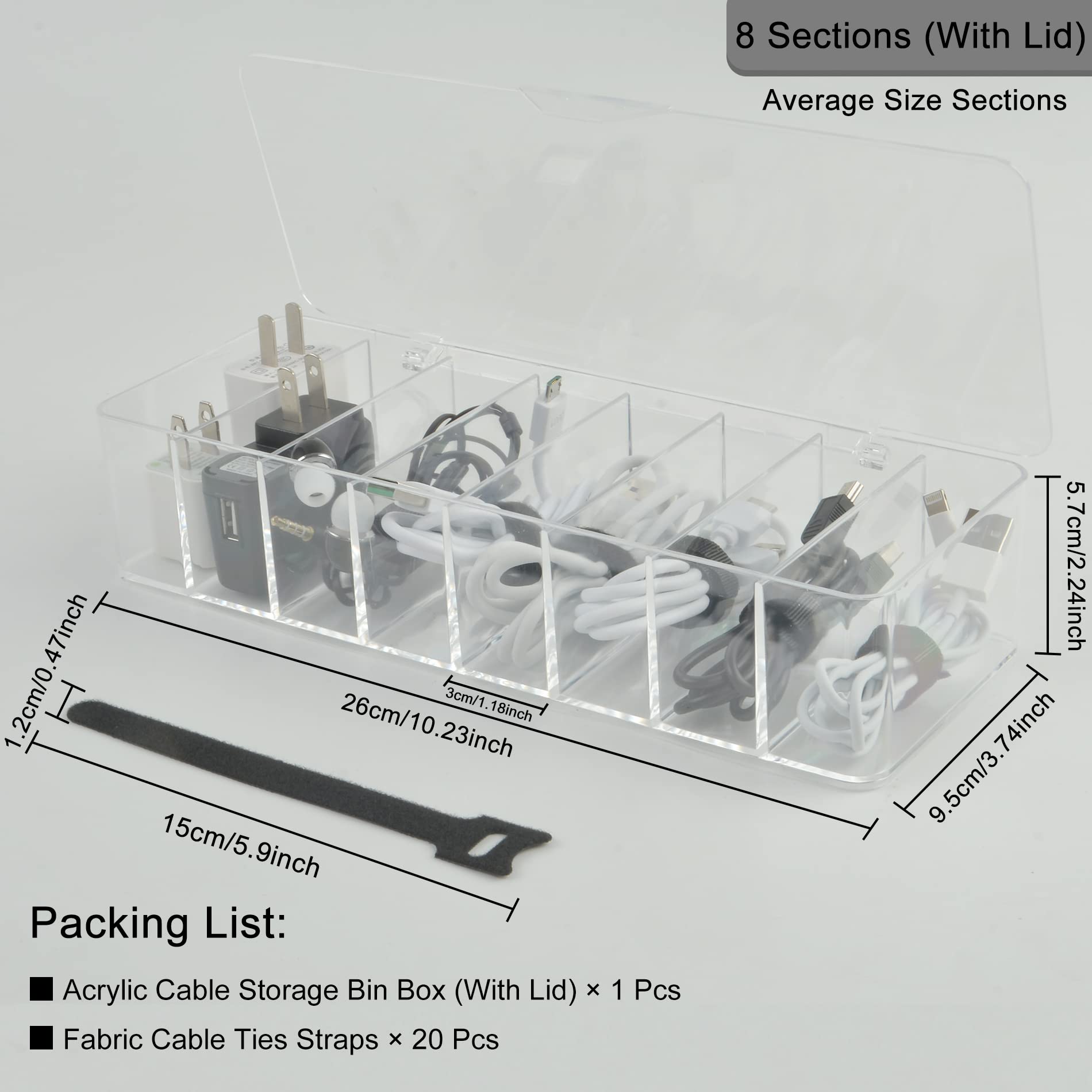 Electronics Organizer 8 Sections Clear Acrylic Cable Storage Bin Box Cord Holder With 20 Pcs Reusable Fastening Fabric Cable Tie