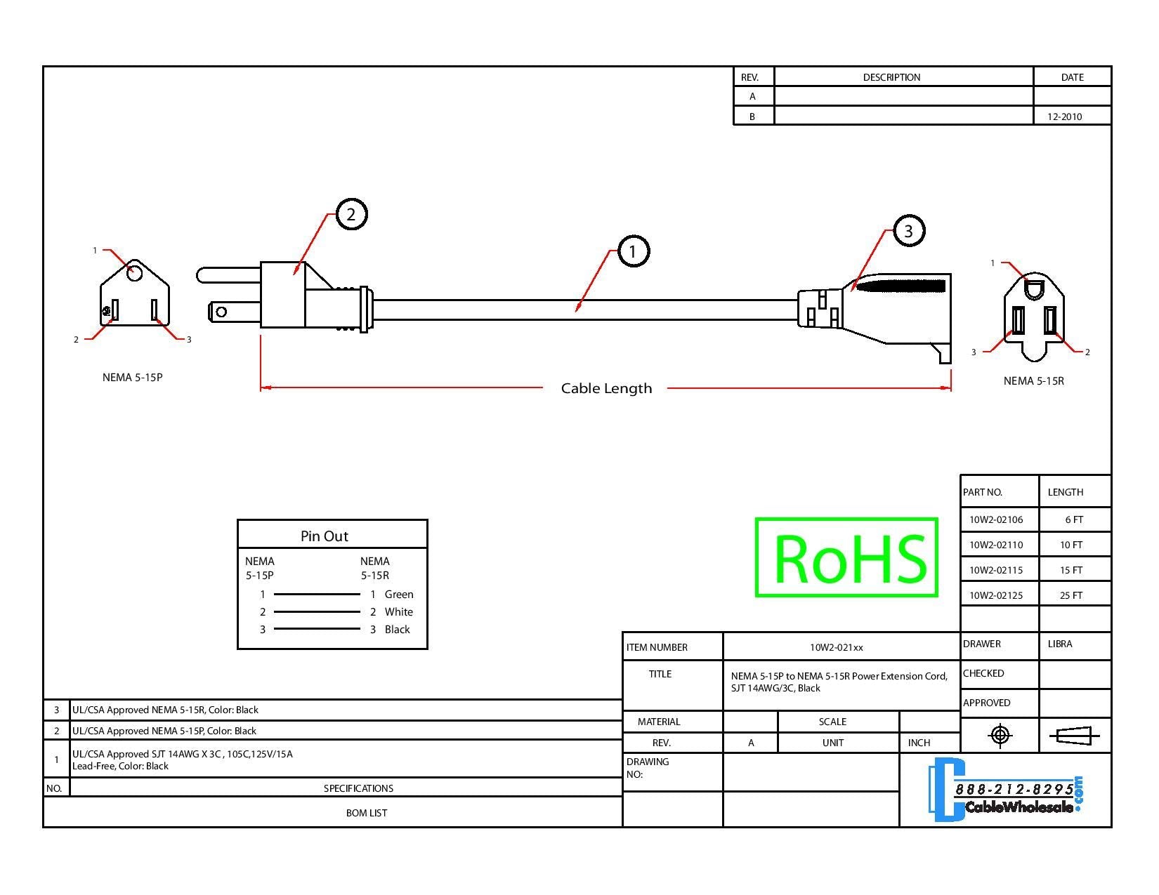6 Feet Power Extension Cord, Power Extension Cable, Sjt, Nema 5 15P To Nema 5 15R, 14 Awg, 3 Conductor, 15 Amp Power Cable, Cabl