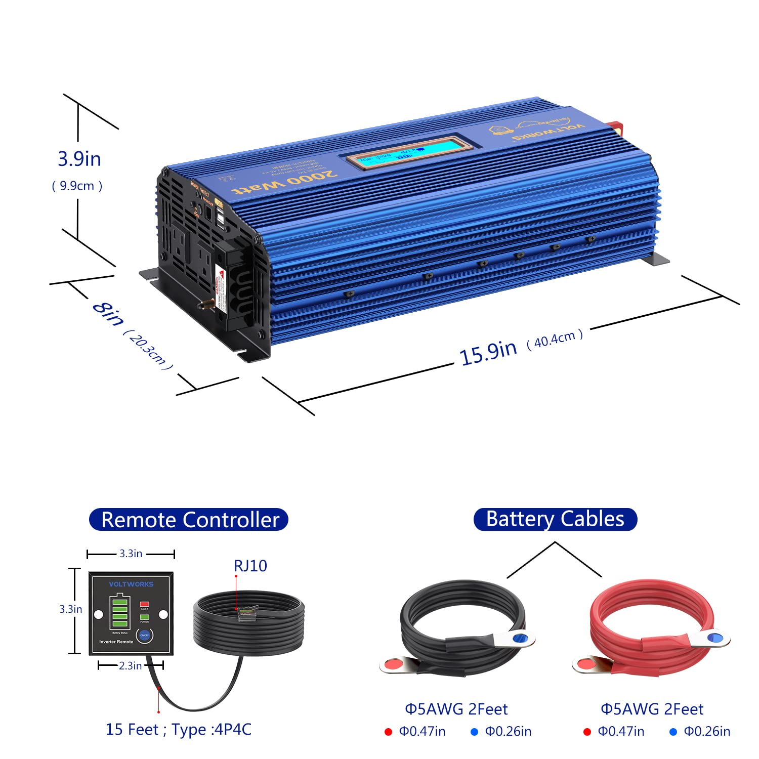 Voltworks 24 Volt 2000W Pure Sine Wave Power Inverter 24V Dc To 110V 120V Ac And Hardwire Block With Lcd Display Remote Controll