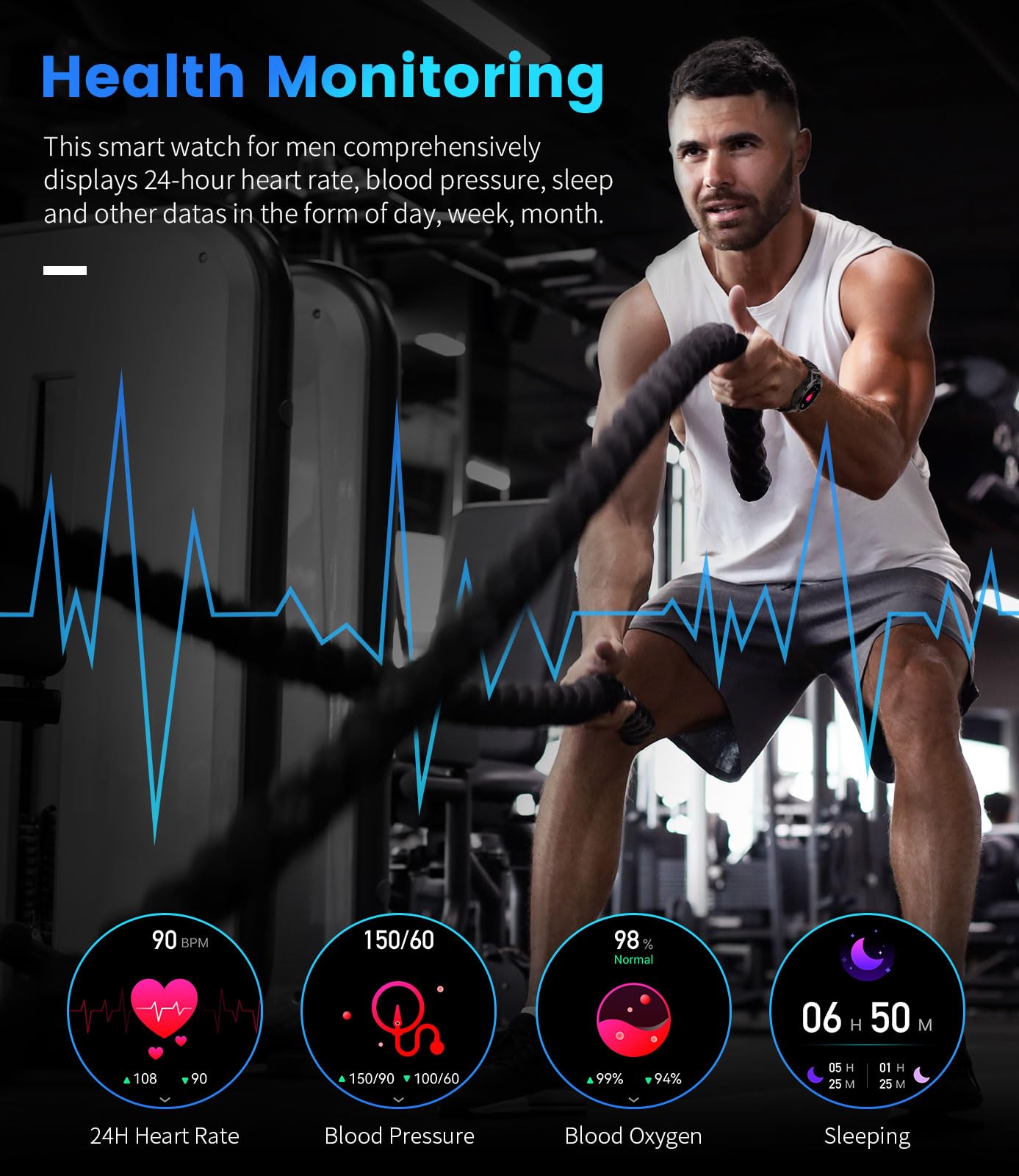 Foxbox Militray Smart Watch For Men, 1.39'' Touchcreen Smartwatch Answer/Make Calls With 100 Sports Modes, Ip68 Waterproof, 400M