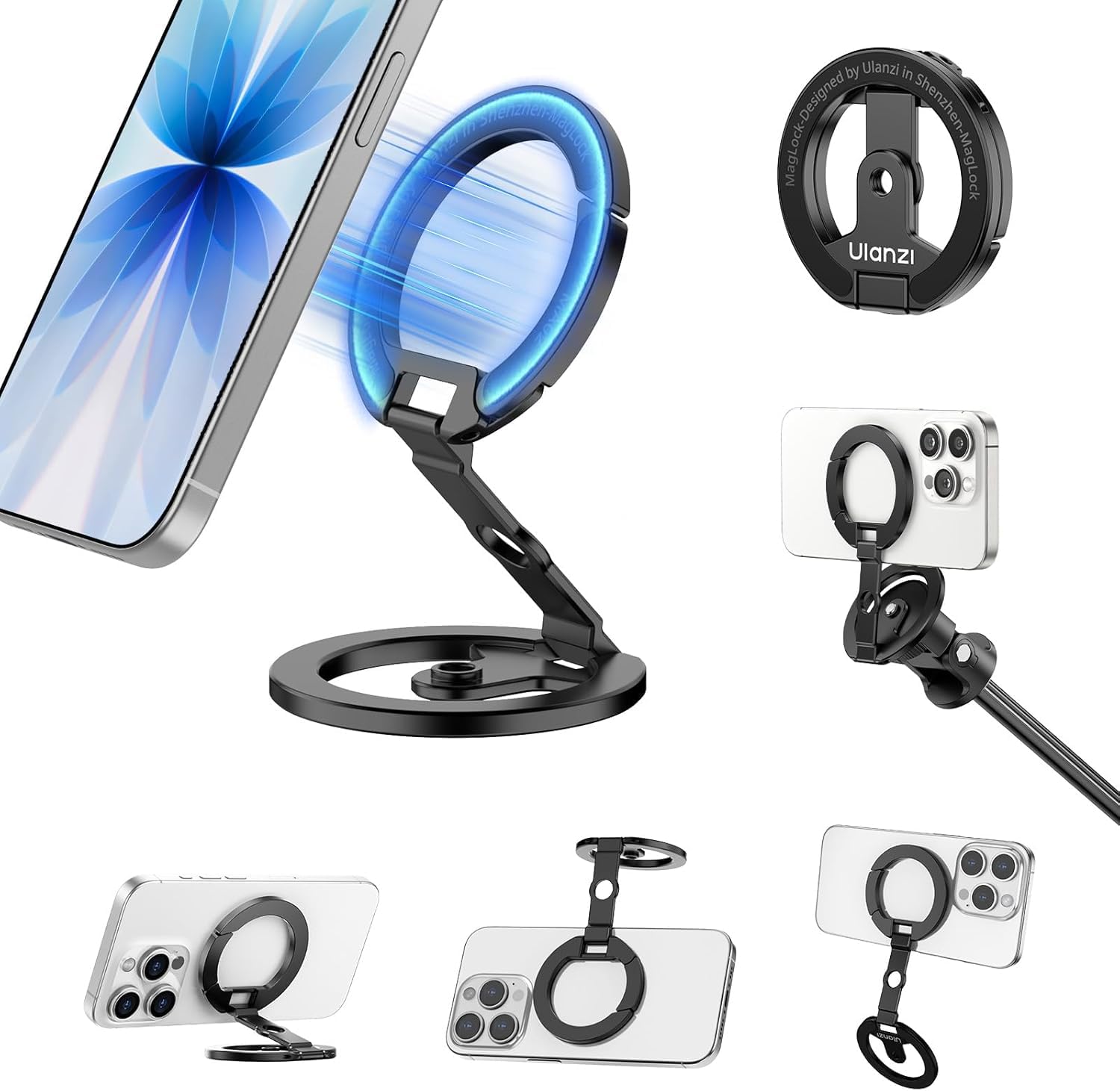ULANZI MA02 Dual Magnetic Ring Phone Grip Stand, Aluminum for MagSafe Gym Kickstand Compatible with iPhone 17-12 Series, Foldabl