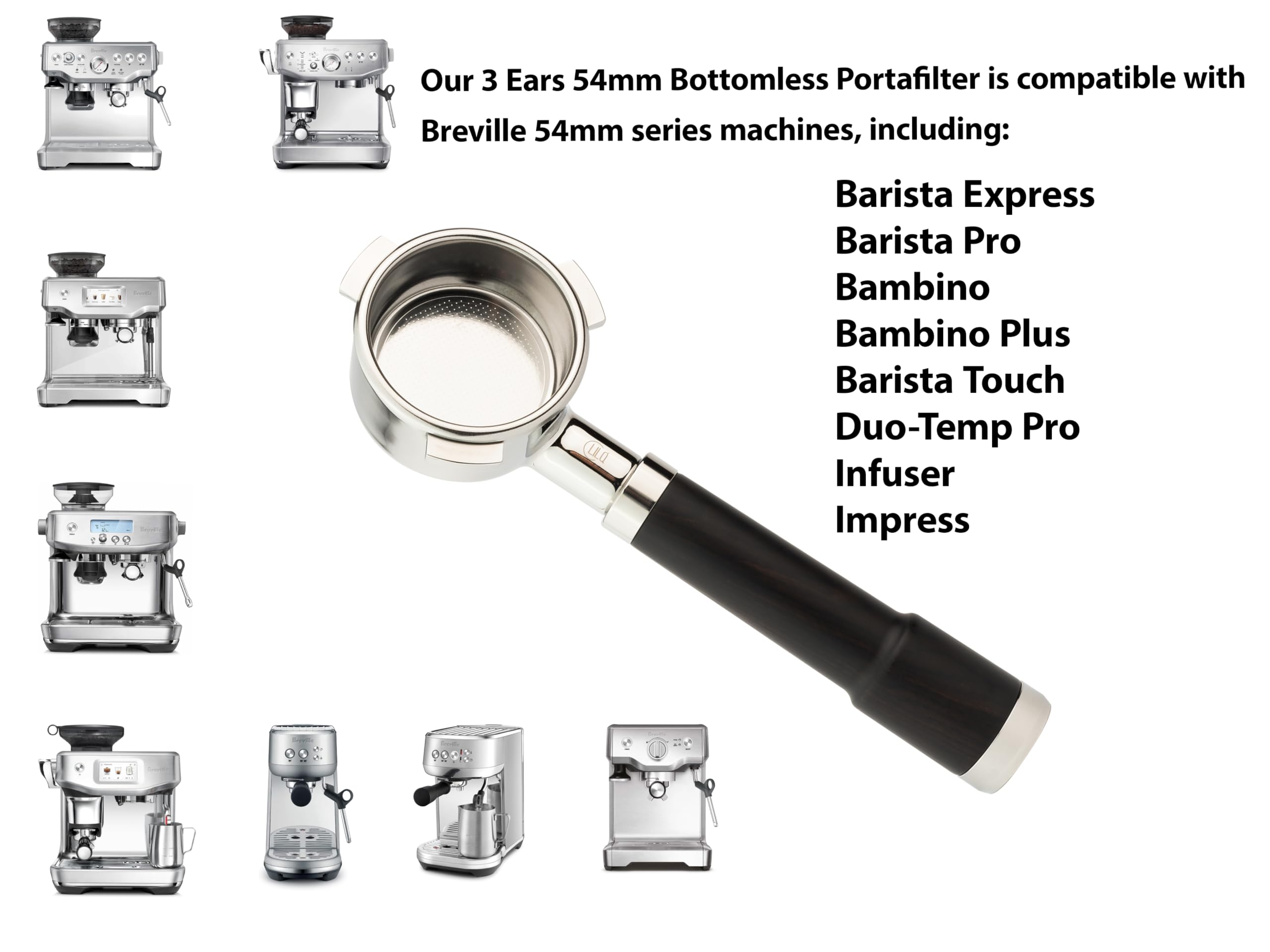 Lilq 54Mm Bottomless Naked 3 Ears Portafilter | Compatible With 54Mm Breville Machines | Stable Handle (Aluminum Flat, 54Mm Brev