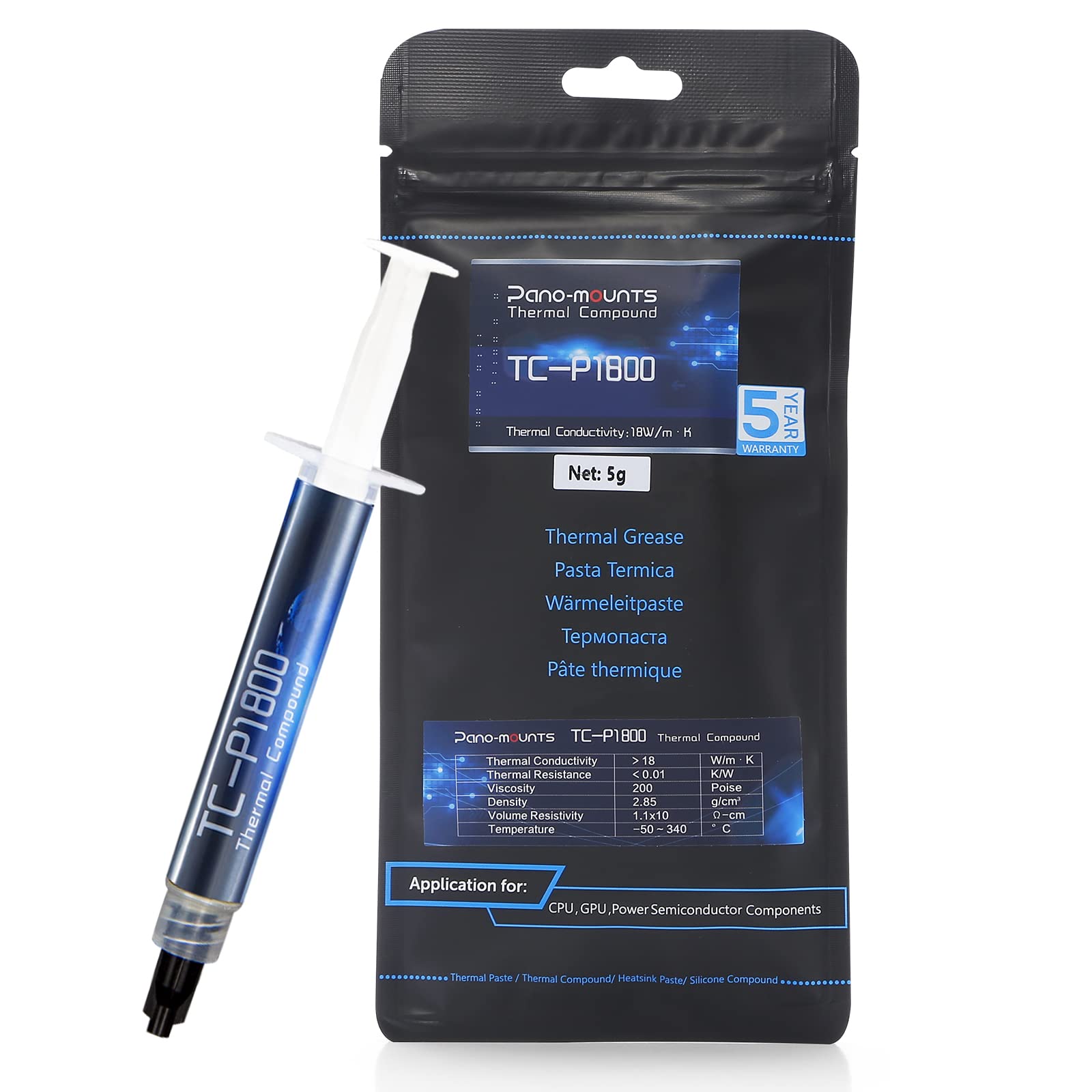 PANO-MOUNTS 18W/mK 5g Thermal Paste, High Performance Thermal heatsink Compound CPU, for Cooling PC GPU, PS5, Laptops Graphics C