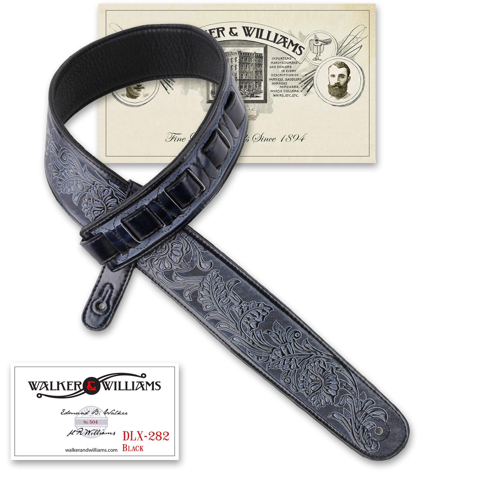 Walker & Williams Dlx 282 Handmade Brushed Black Padded Guitar Strap With Embossed Tooling For Acoustic, Electric, And Bass Guit