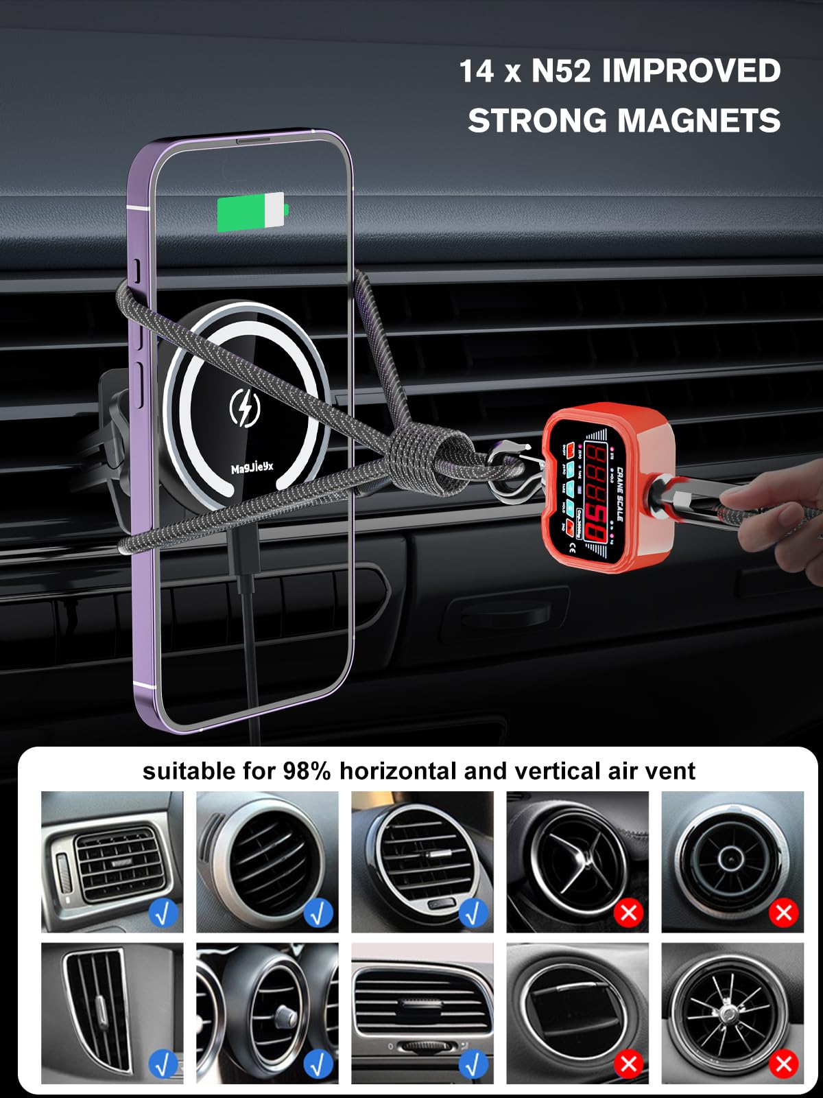 Magjieyx For Magnetic Magsafe Car Mount Charger, Wireless Car Charger With Fast Max 36W Qc3.0Charging Adapter Retractable Phone