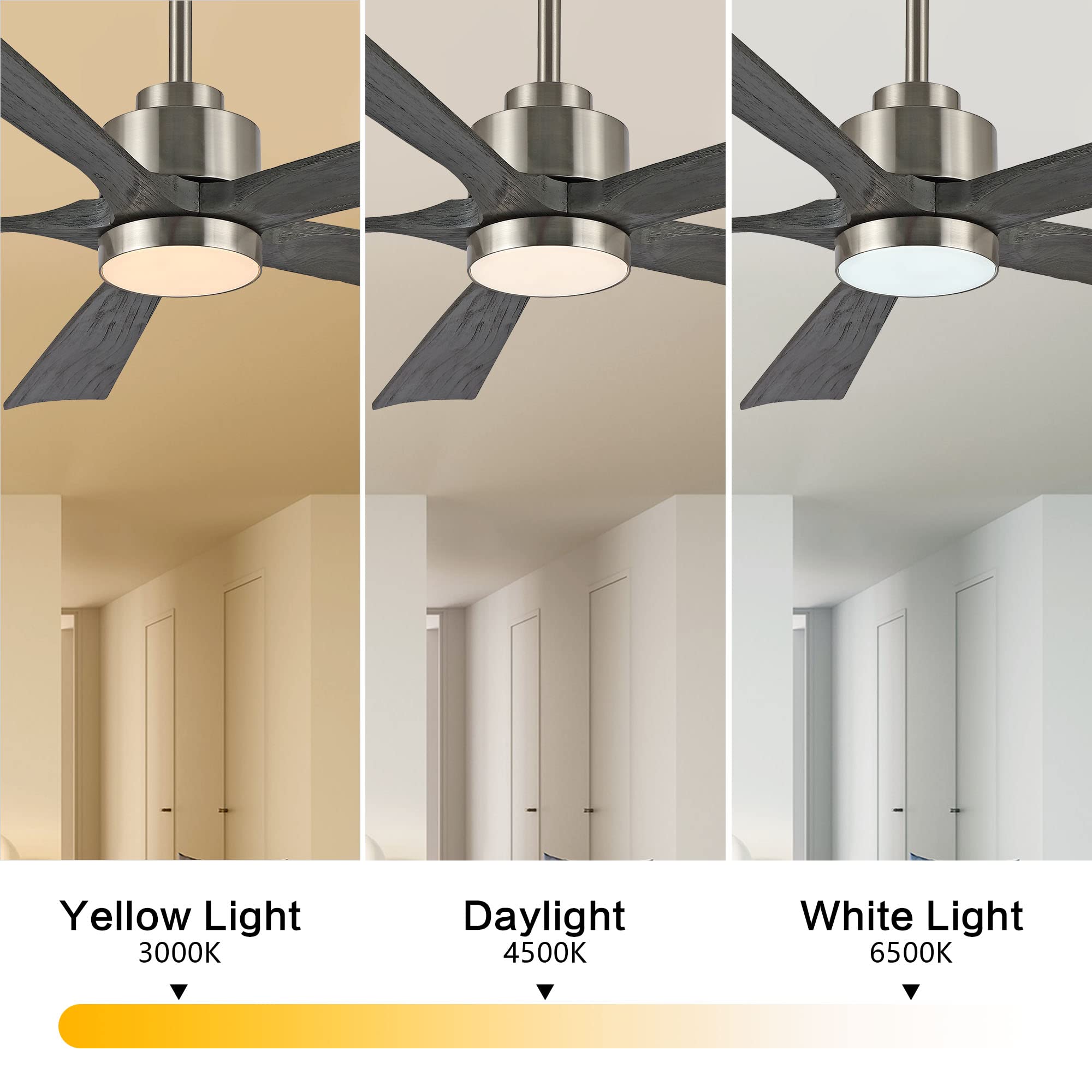 Elehinser 52'' Modern Ceiling Fan With Lights And Remote Control, 5 Solid Wood Blades 6 Speed Noiseless Reversible Dc Motor, Cei