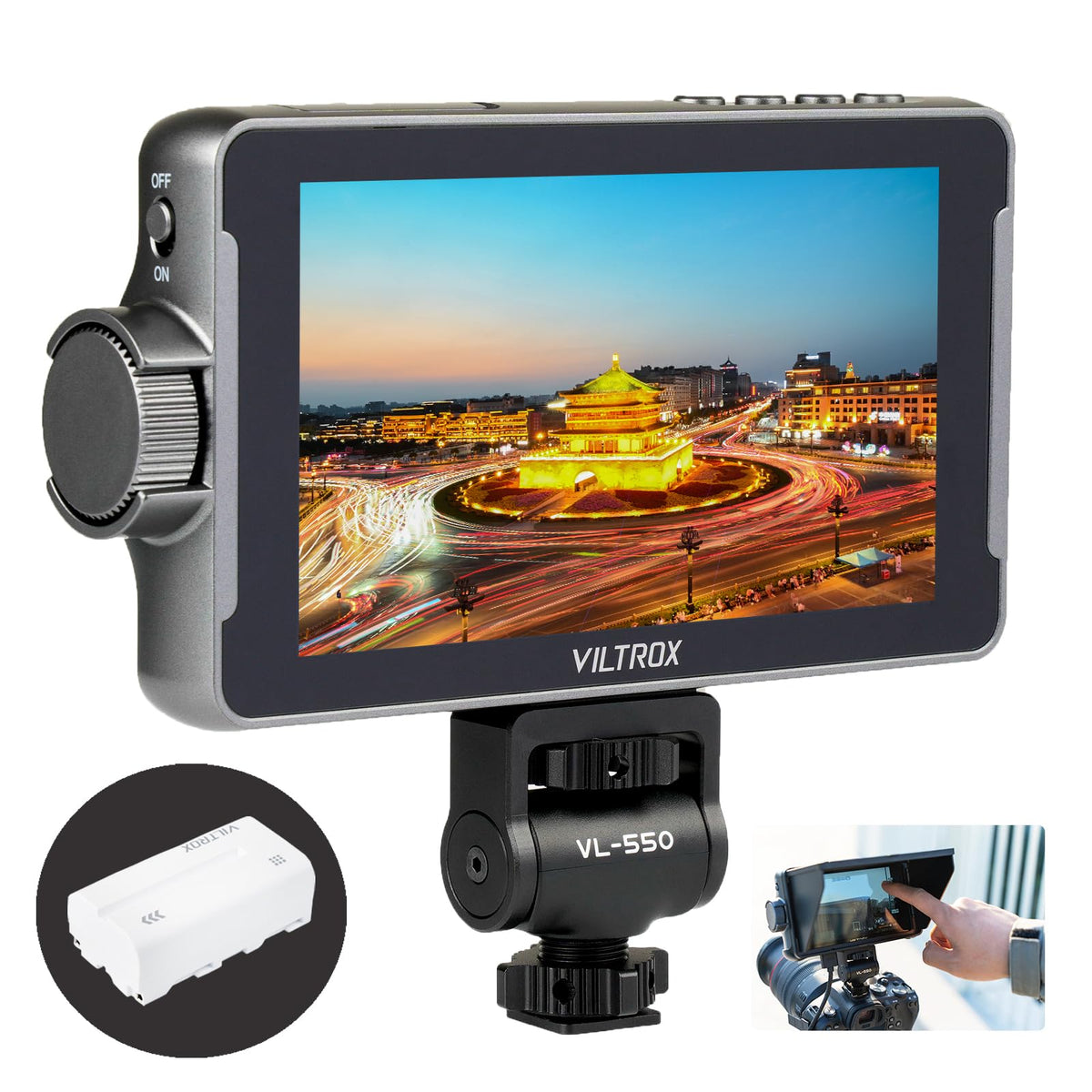 Viltrox Dc 550 Pro Touchscreen Camera Video Monitor, 5.5 Inch 1200Nits 4K Hdmi In/Out Video Field Monitor Kit With Battery   On 