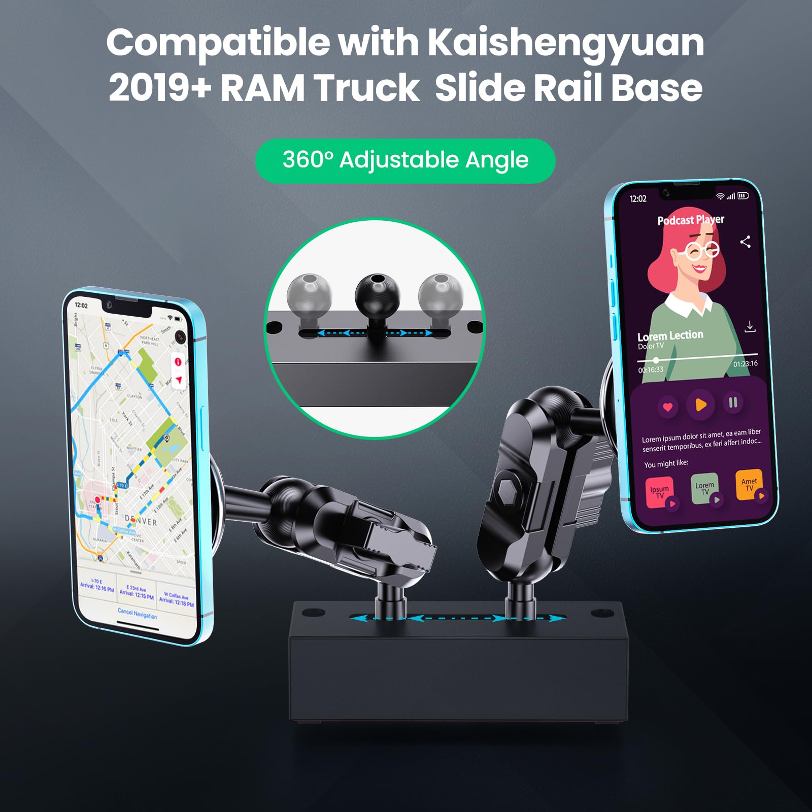 Kaishengyuan Dash Mount Wireless Charger Magnetic Holder With Metal Double Socket Arm & 360 Rotating Extension Mounting Arm & 0.