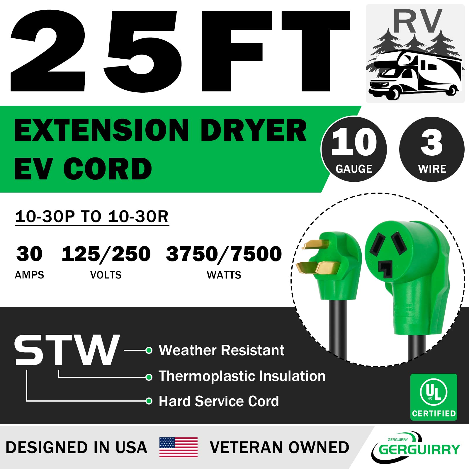 Gerguirry 3 Prong 25 Feet Dryer Extension Cord, 30 Amp Nema 10 30P To 10 30R Heavy Duty Cord, Use For Dryer Power Extension And