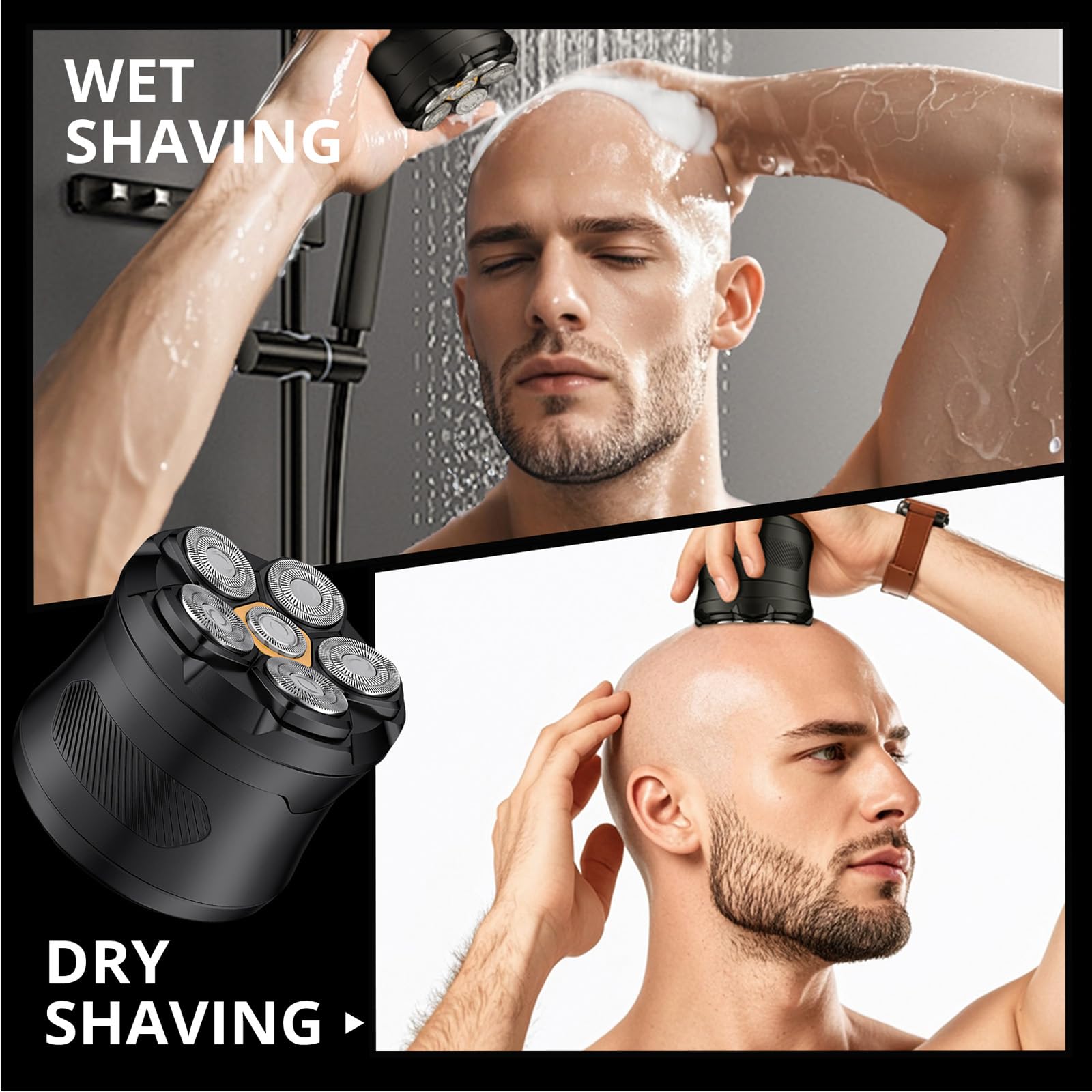 Bald Head Shaver With 5 Rotary Blades, Black