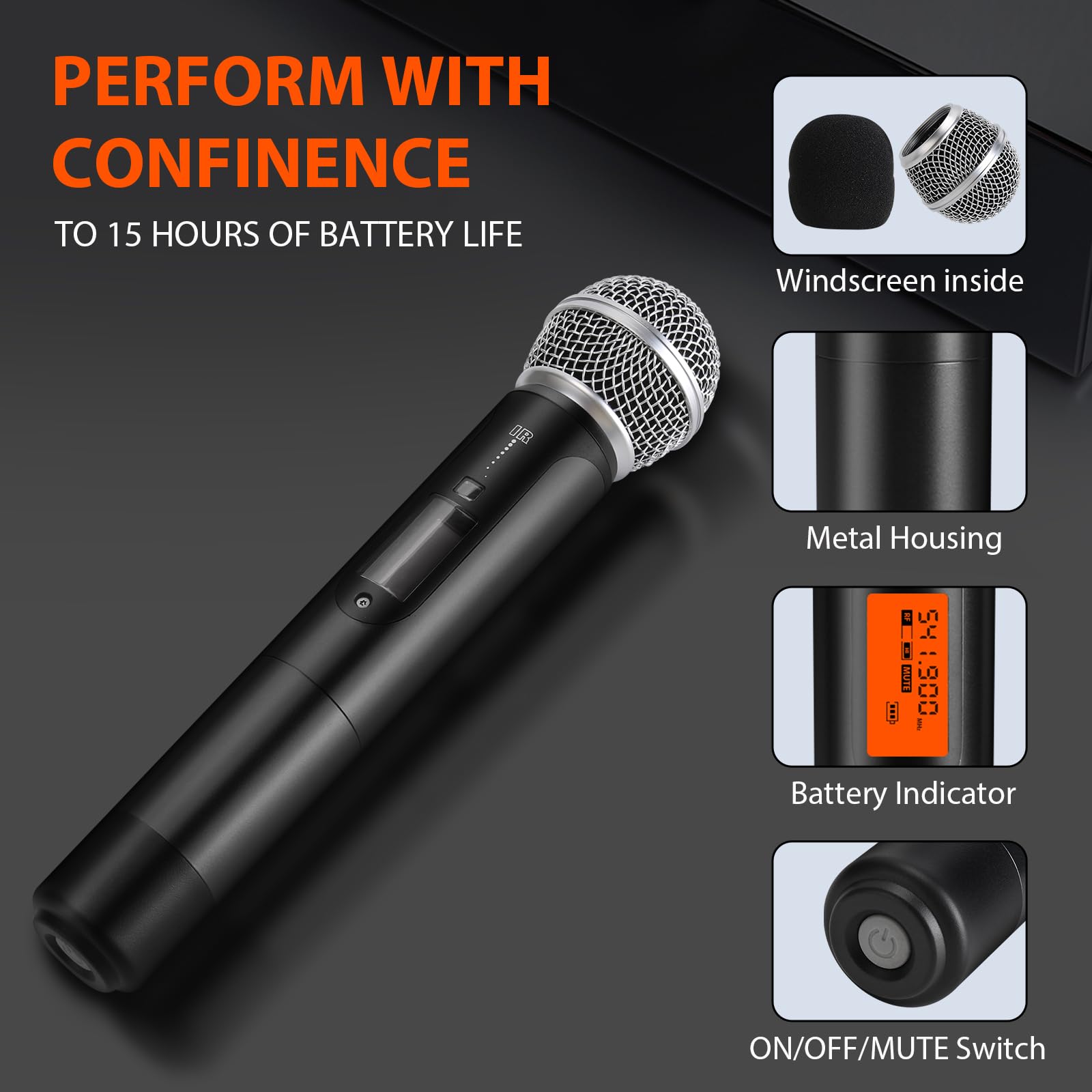 innopow WM-333 Wireless Microphone System, Dual UHF Cordless Mics, Long Range 200-240Ft, Metal, 16 Hours Use, 2 Handheld Mics