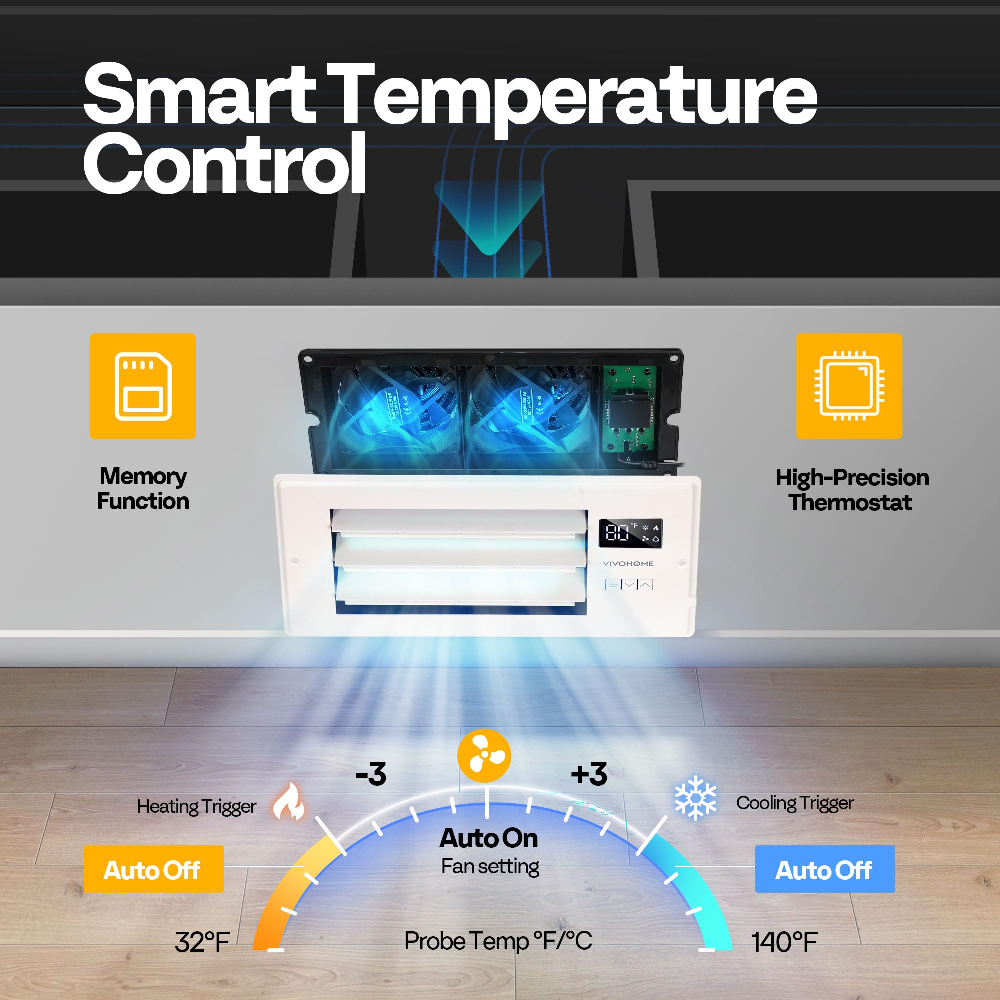 Vivohome 4 ' ' X 10 ' ' Opening Register Booster Fan With Adjustable Wind Direction Louver, Smart Intelligent Thermostat & 10-Sp
