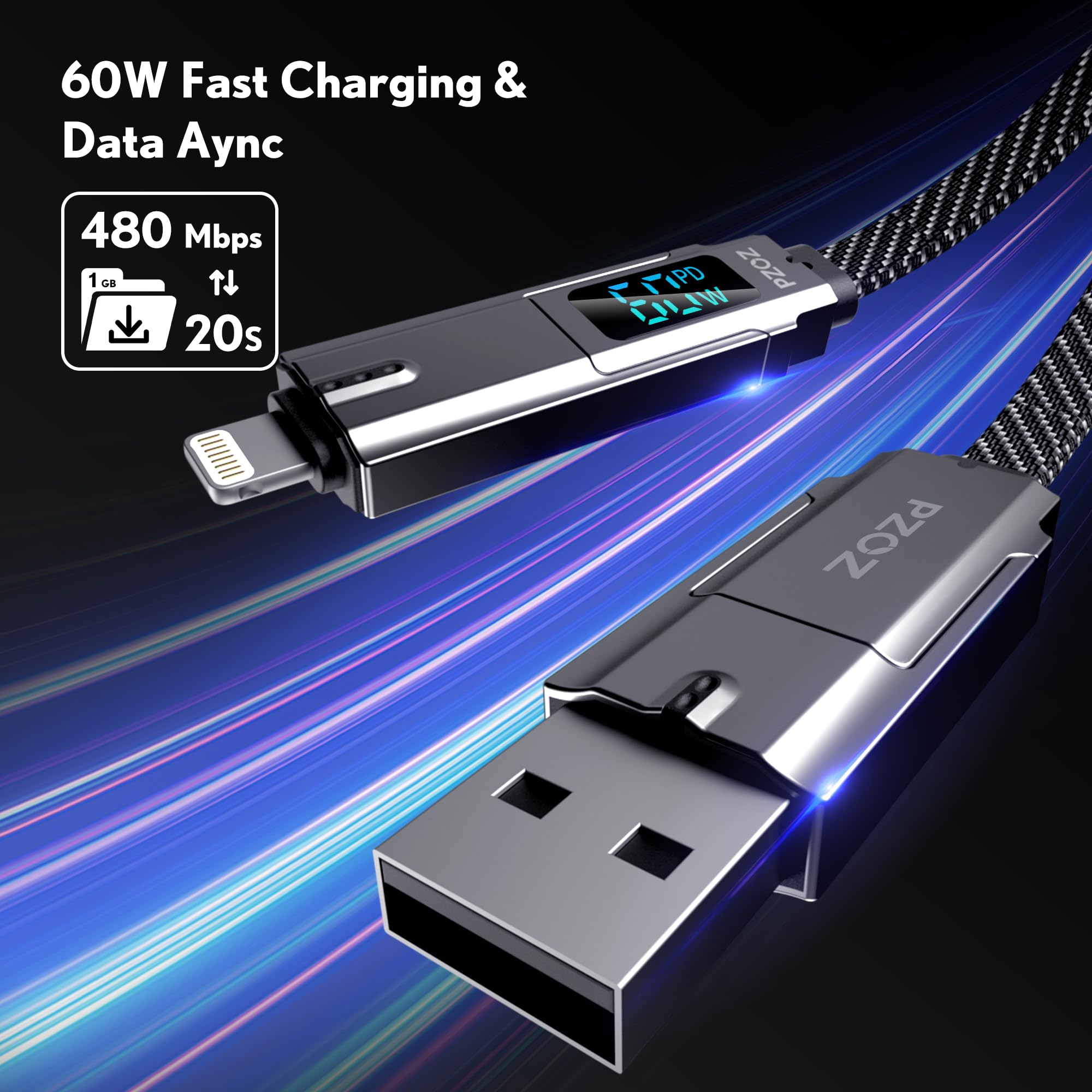 pzoz 4-in-1 USB C Fast Charging Cable with LED Display, 60W Multi-Port Charger, 5 ft