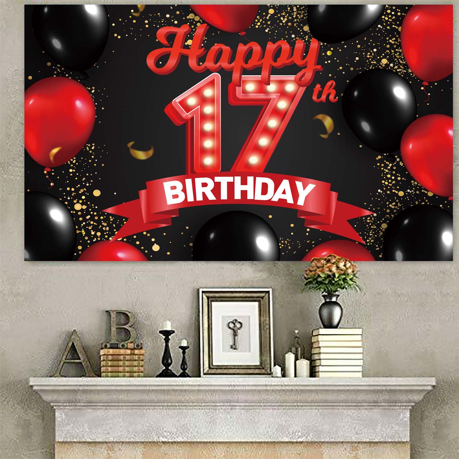 Happy 17Th Birthday Red And Black Banner Backdrop Decorations Balloons Theme Decor For Girls Women Princess 17 Years Old Birthda