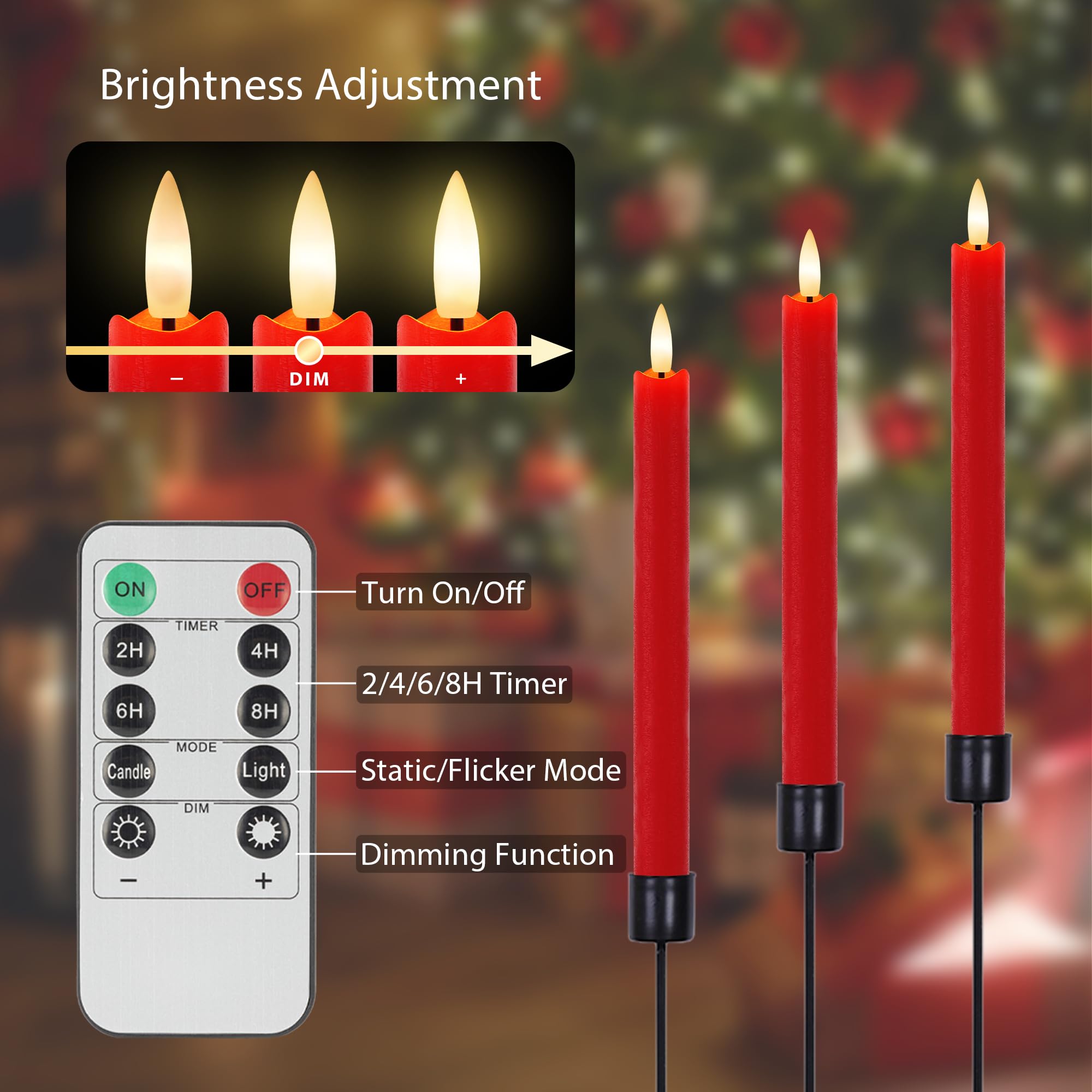 Red Flameless Taper Candles 9.6'' Christmas Led Candles Real Wax With Remote Timer, Battery Operated Led Candles Set With 3D Fli