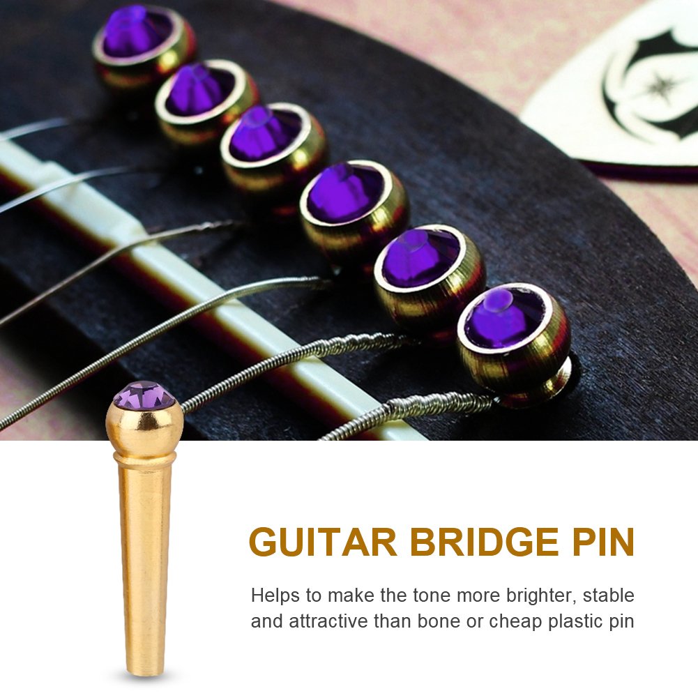 6Pcs Bridge Pin Copper Material Folk Acoustic Guitar Bridge Pin Peg Nail With Colorful Crystal Glass Dot(Purple)