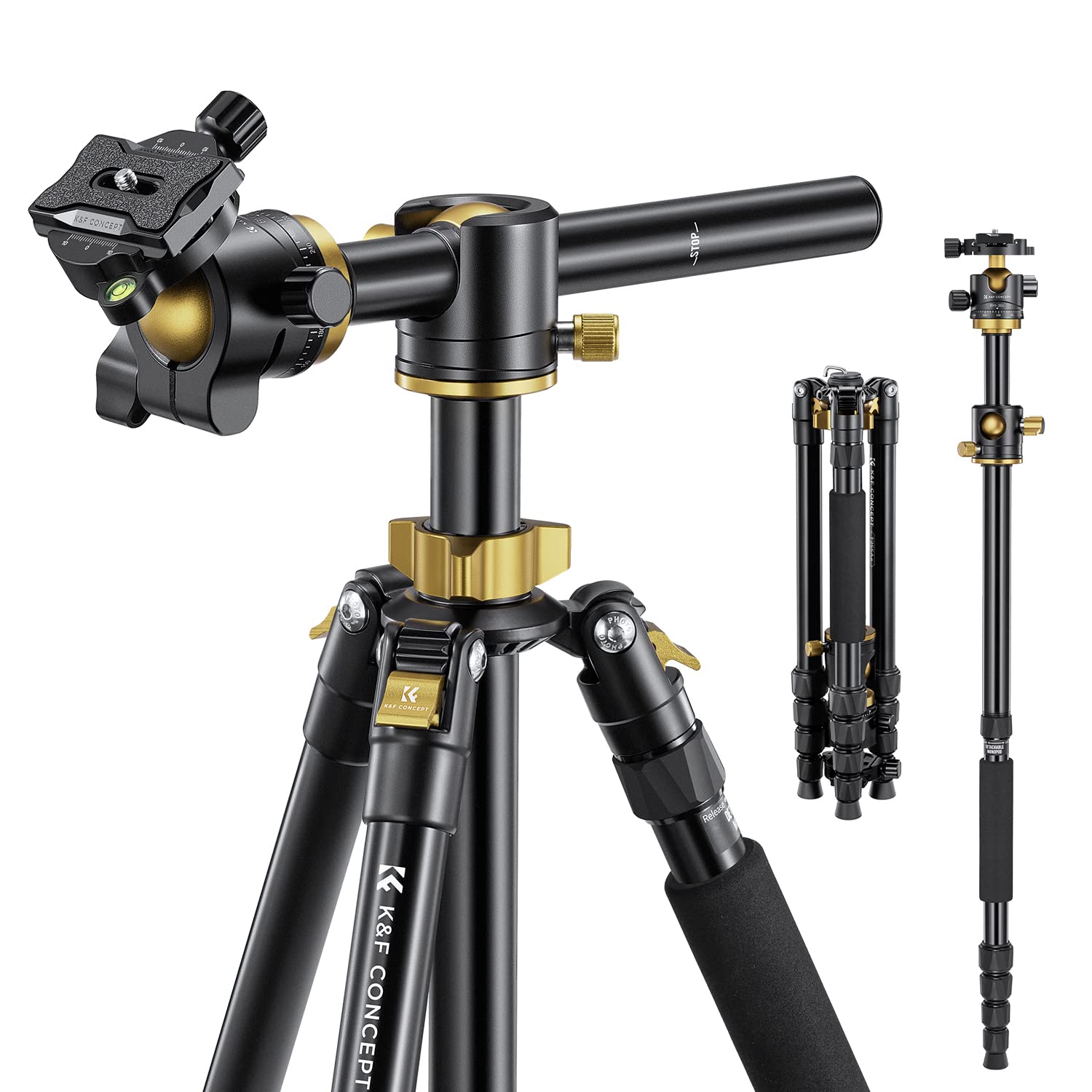 K&F Concept 67 Inch Camera Tripod Horizontal Aluminum Tripods Portable Monopod With 32Mm Ball Head 12Kg Load Capacity Quick Release Plate, For Travel And Work T255A4+Bh 32L(Golden)