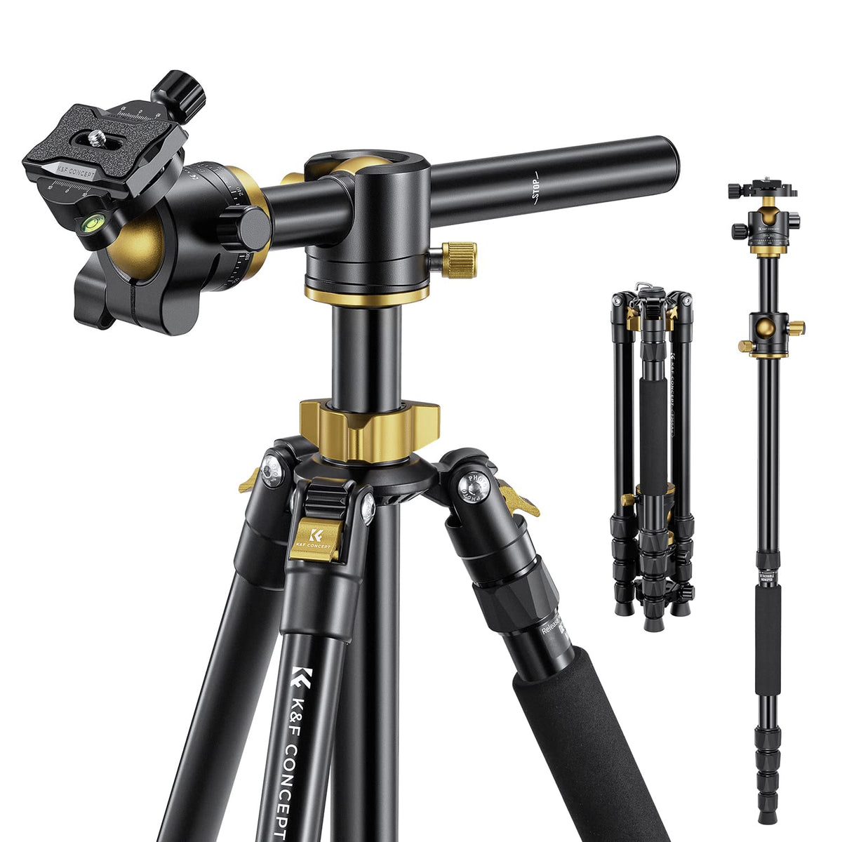K&F Concept 67 Inch Camera Tripod Horizontal Aluminum Tripods Portable Monopod With 32Mm Ball Head 12Kg Load Capacity Quick Release Plate, For Travel And Work T255A4+Bh 32L(Golden)