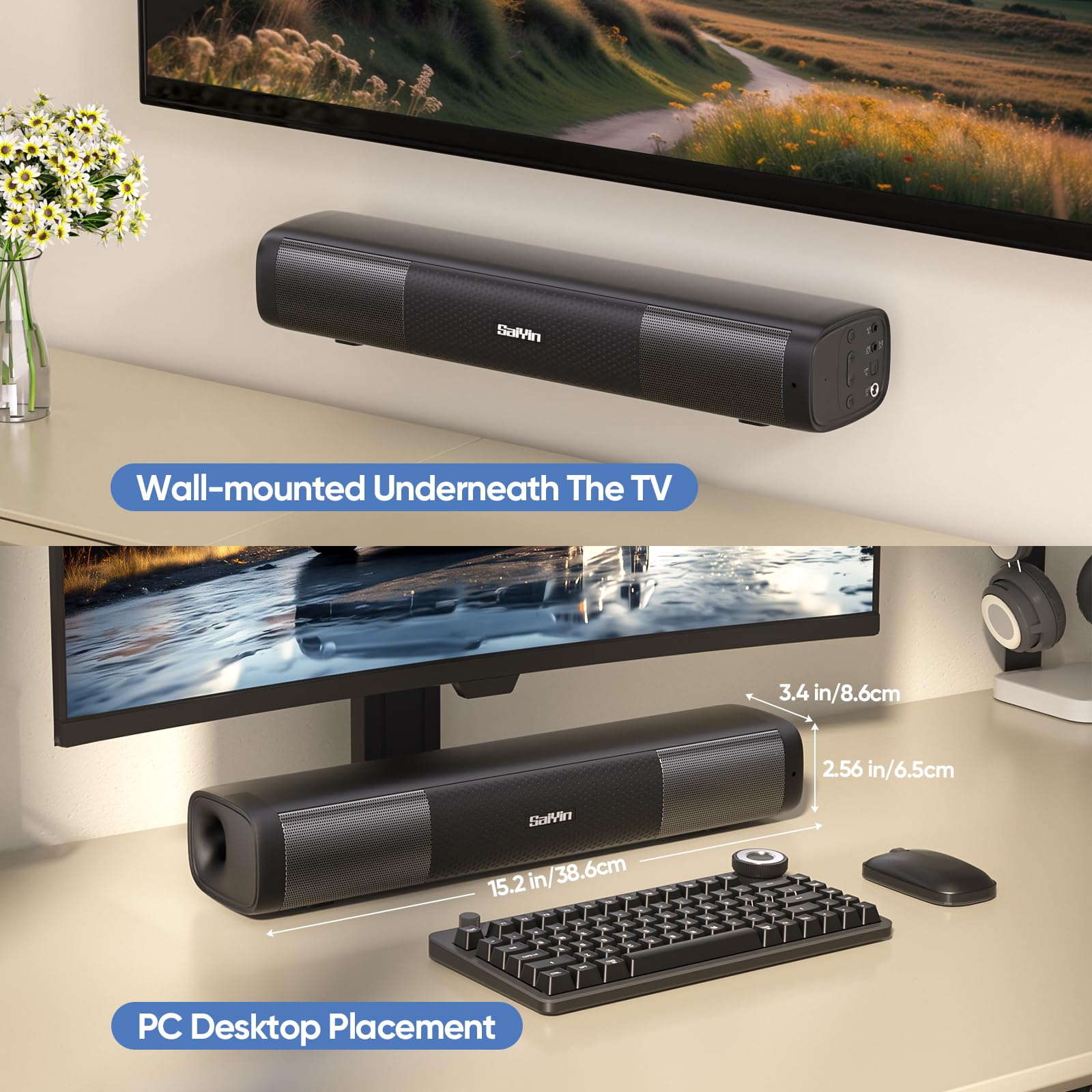 Saiyin 15.2 Inch Compact Sound Bar For Smart Tv, 50W Soundbar For Tv With Bluetooth5.3, Opt & Aux, Easy Setup & Wall Mountable,