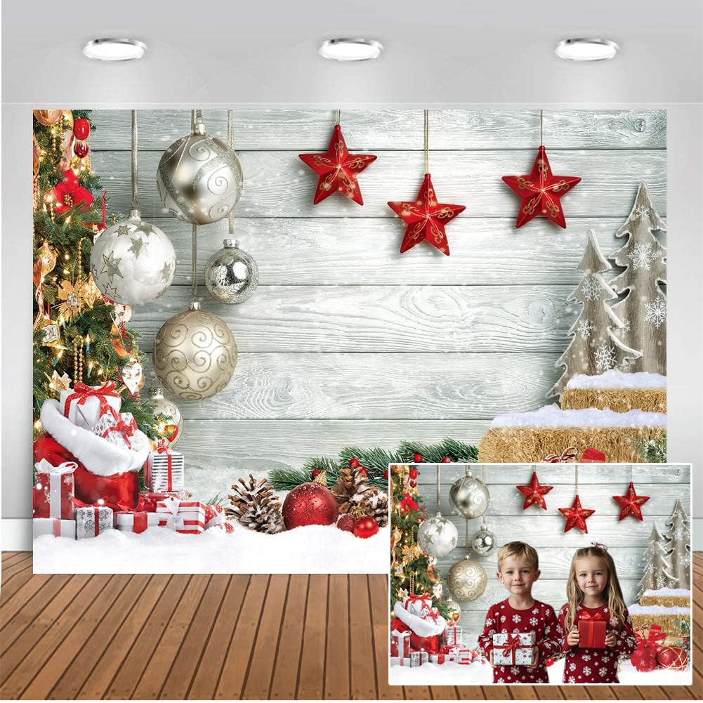 CHAIYA 7X5FT Christmas Backdrop White Wood Floor Photography Backdrop Winter Snow Christmas Balls Xmas Tree Gift Family Party Ph