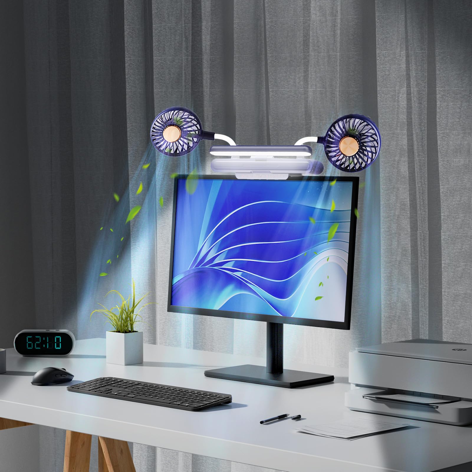Monitor Light Bar With Fan, Two Head Personal Cooling Fan Monitor Clip Quiet Usb Fan Flip Open Led Lamp, Level 3 Brightness, 3 W