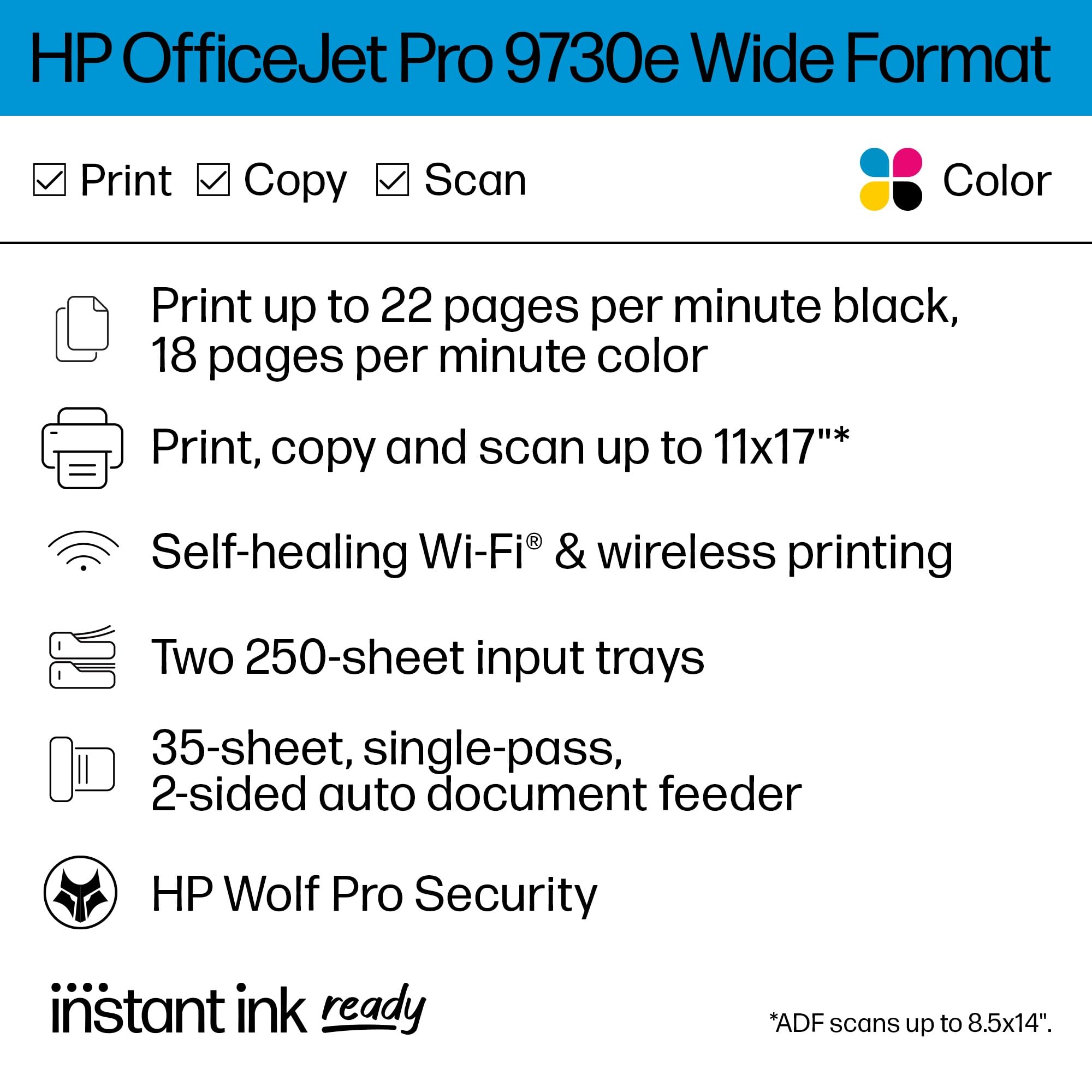 Hp Officejet Pro 9730E Wide Format Wireless All In One Color Inkjet Printer, Print, Scan, Copy Up To 11X17', Adf, Duplex Printin