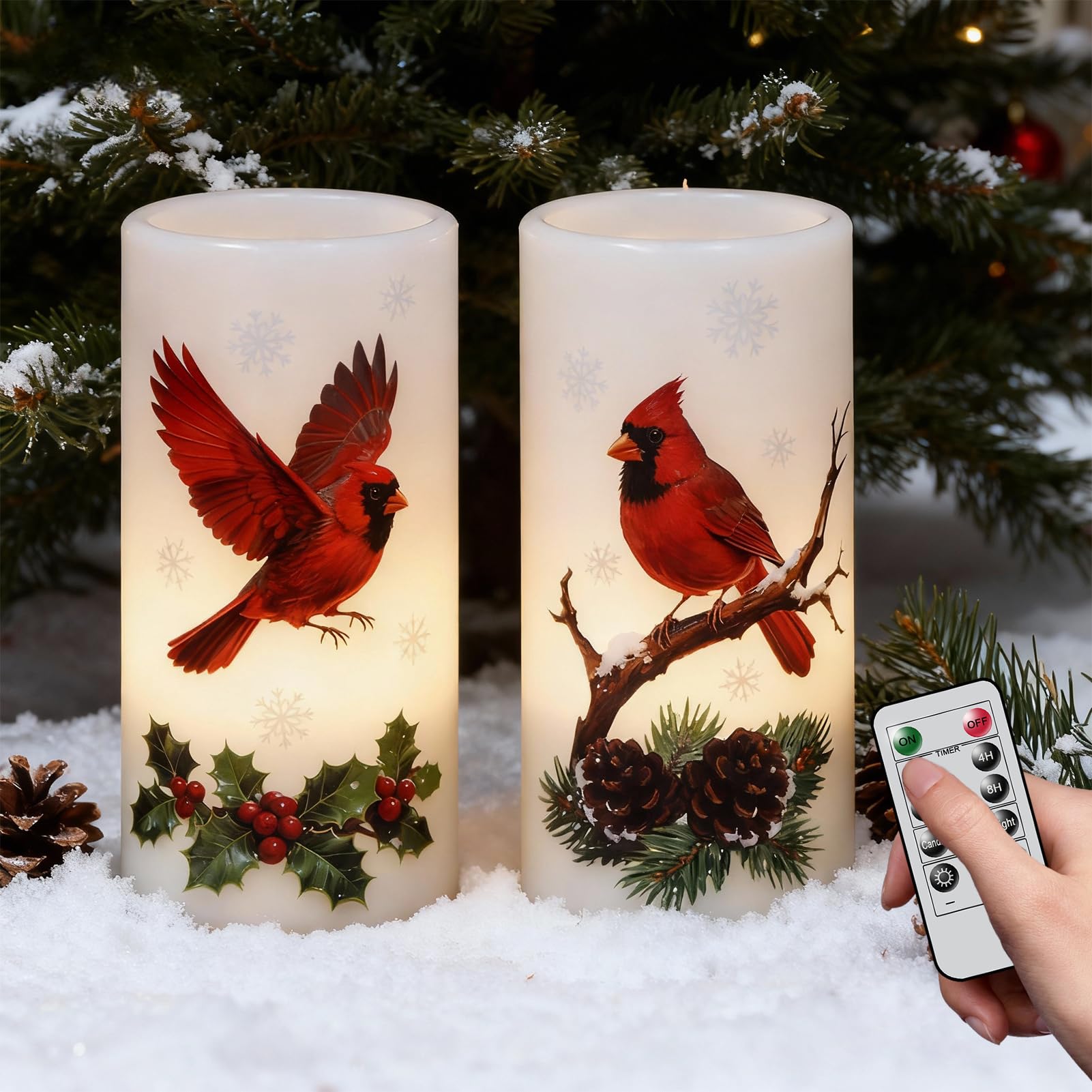 Eldnacele Christmas Cardinal Flameless Candles Battery Operated with Remote and Timer Real Wax Flickering LED Pillar Candles Win