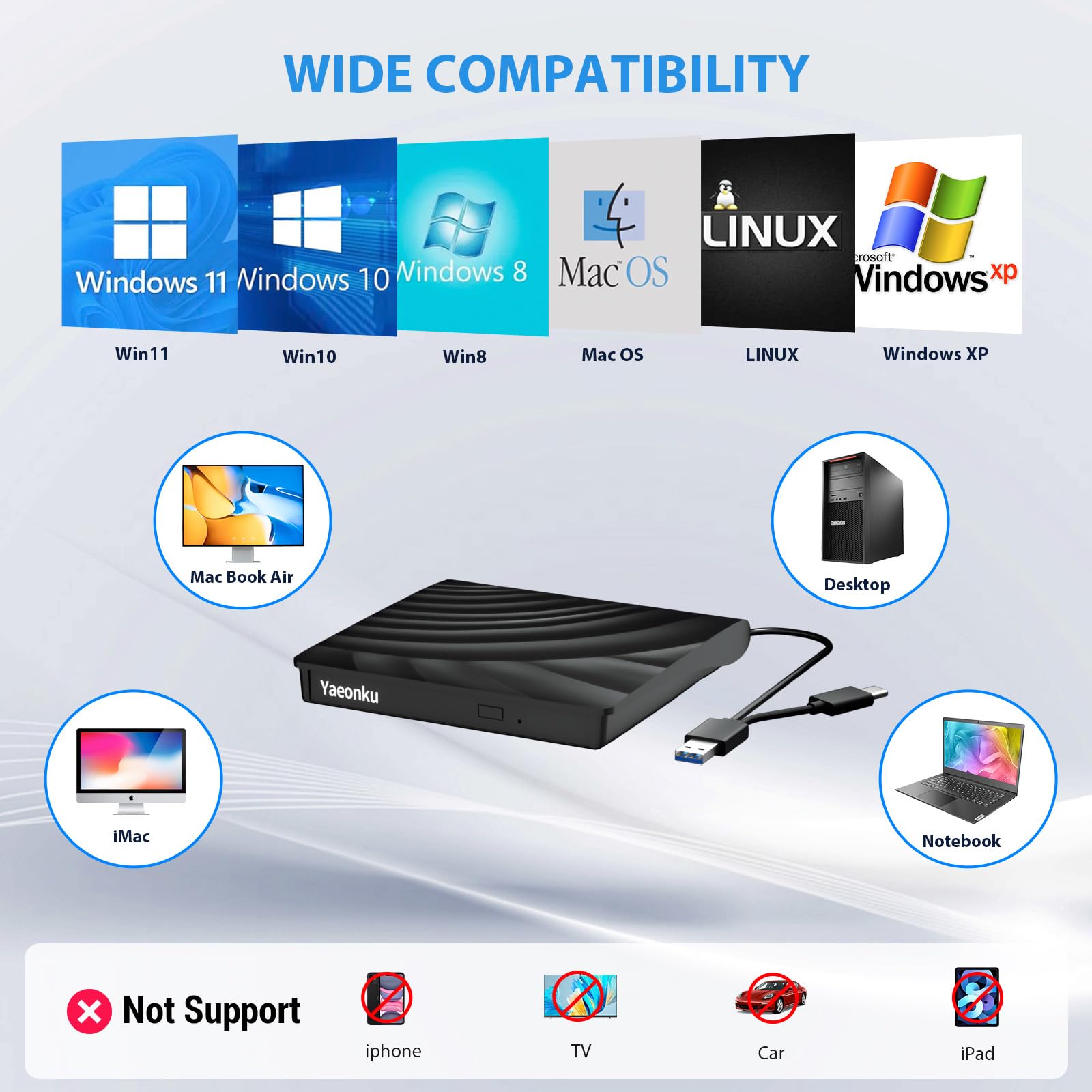 Yaeonku External Blu Ray Drive, Usb 3.0 Type C 3D Bluray Cd Dvd Bd Reader Player Slim Optical Bluray Cd/Dvd Burner For Macbook L