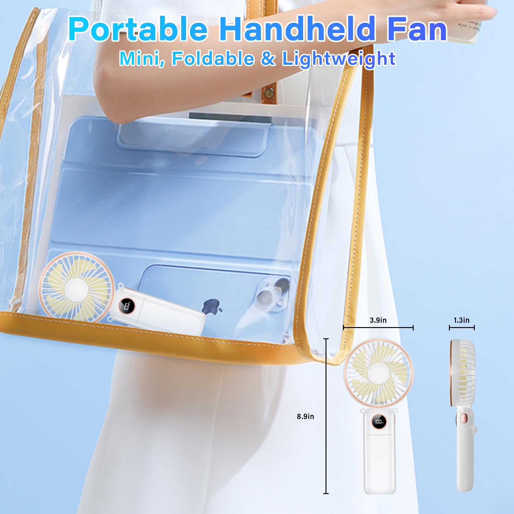 Portable Handheld Fan, 5200Mah Portable Fan Rechargeable, 180 Foldable Small Mini Hand Held Fan, Max 22 Hrs Working, 6 Speeds, L