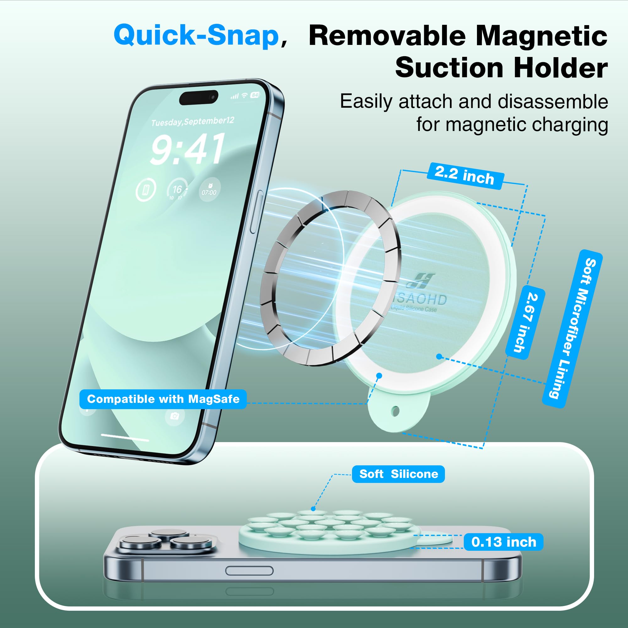 Hsaohd Magnetic Suction Cup Phone Mount For Magsafe Case, Silicone Hands-Free Phone Grip Holder For Iphone And Android, Mirror S