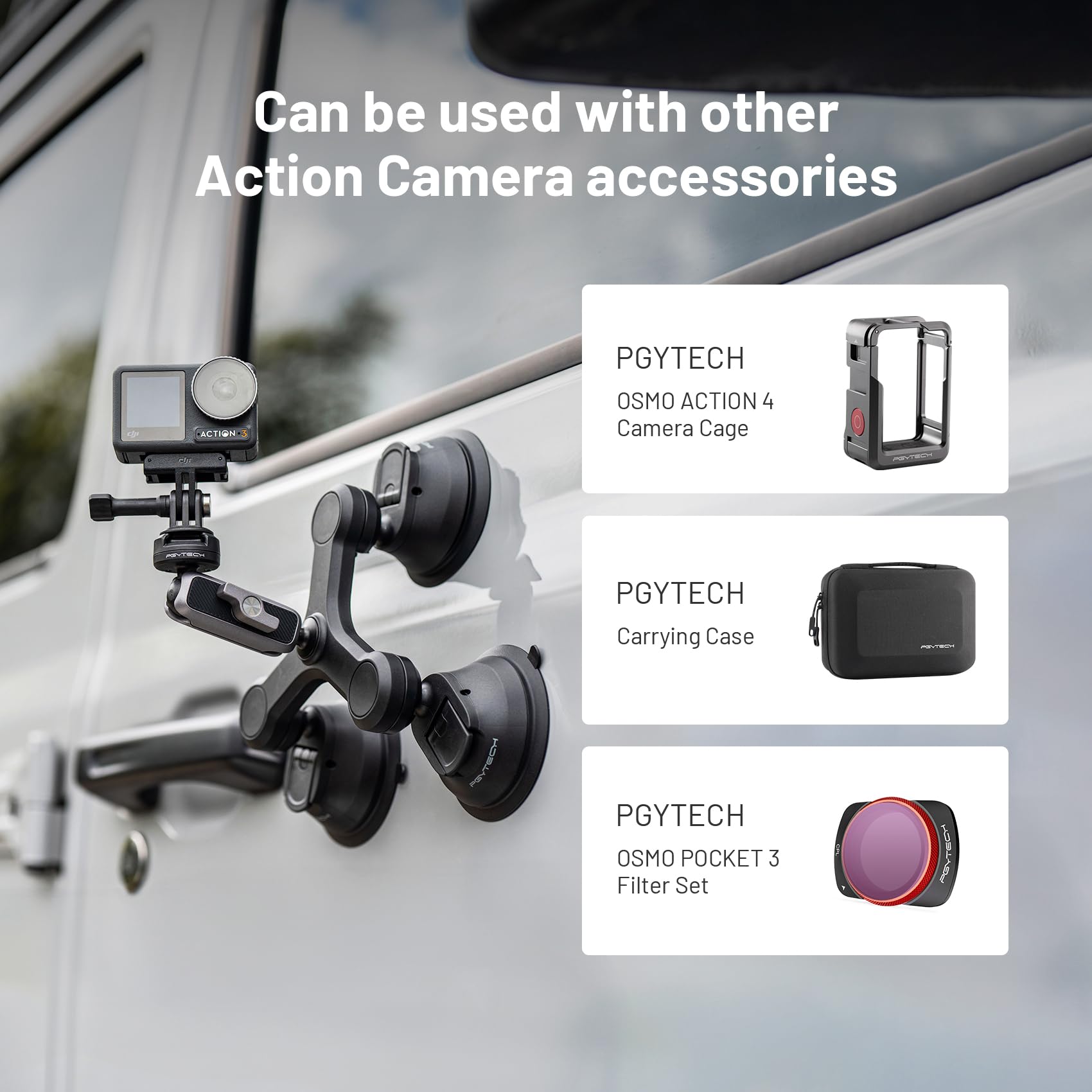 Pgytech Caplock Triple Suction Mount Compatible For Dji Osmo Action 4/3/2, Gopro Hero 11/10/9/8 With 1/4' 20 Standard Thread Adapter, Action Camera And Smartphones For Insta360 One Rs/R/One X3/X2