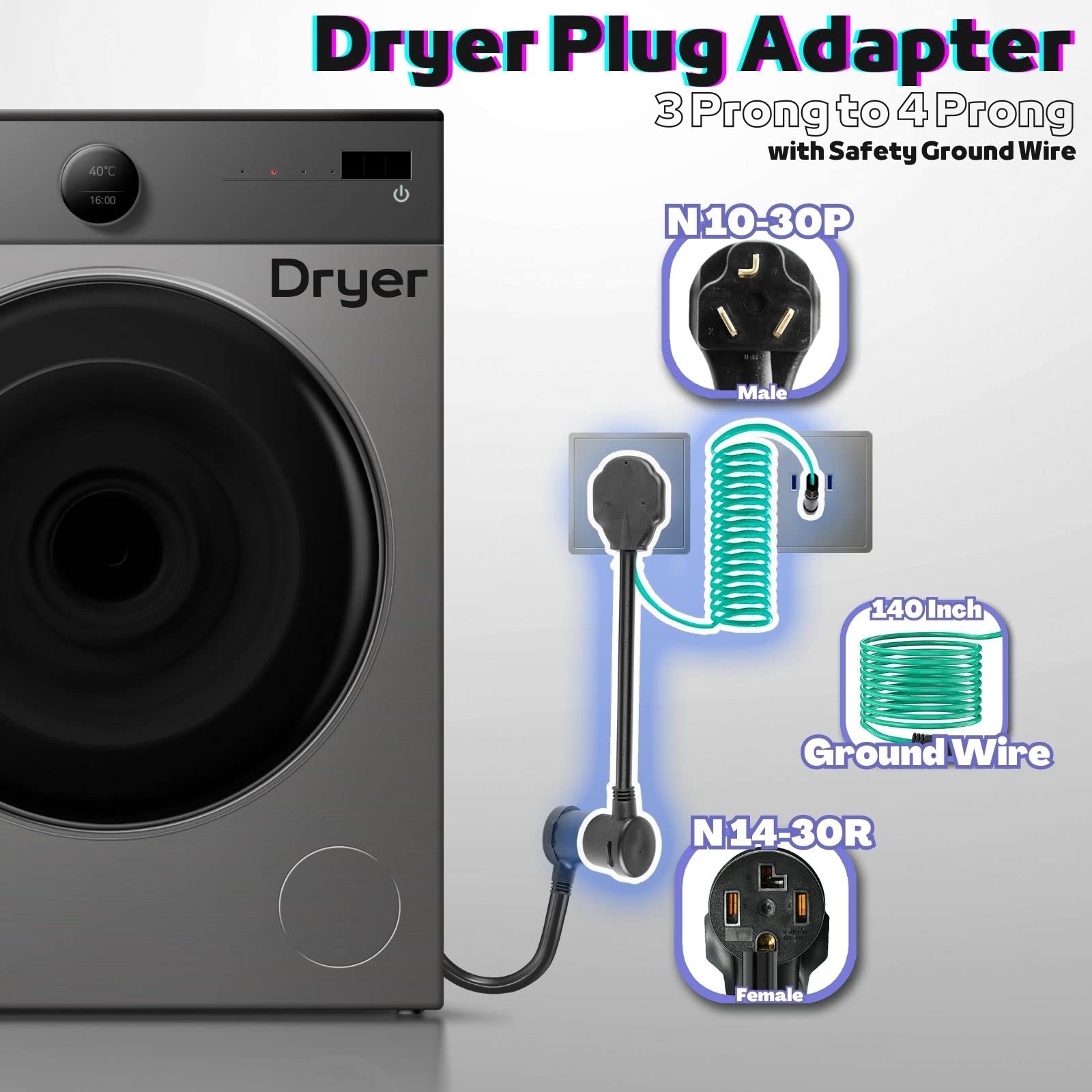 Dryer Adapter Cord, Nema 10 30P Male To 14 30R Female With Ground Wire   4 Prong To 3 Prong, 1.5Ft, 30A/250V, Stw 10Awg   Ideal