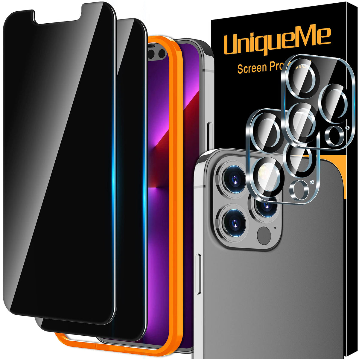 UniqueMe Compatible with iPhone 13 Pro Max Privacy Screen Protector, Tempered Glass and Camera lens Protector, Anti Spy [Easy Installation Frame] Bubble Free Case Friendly 2+2 Pack