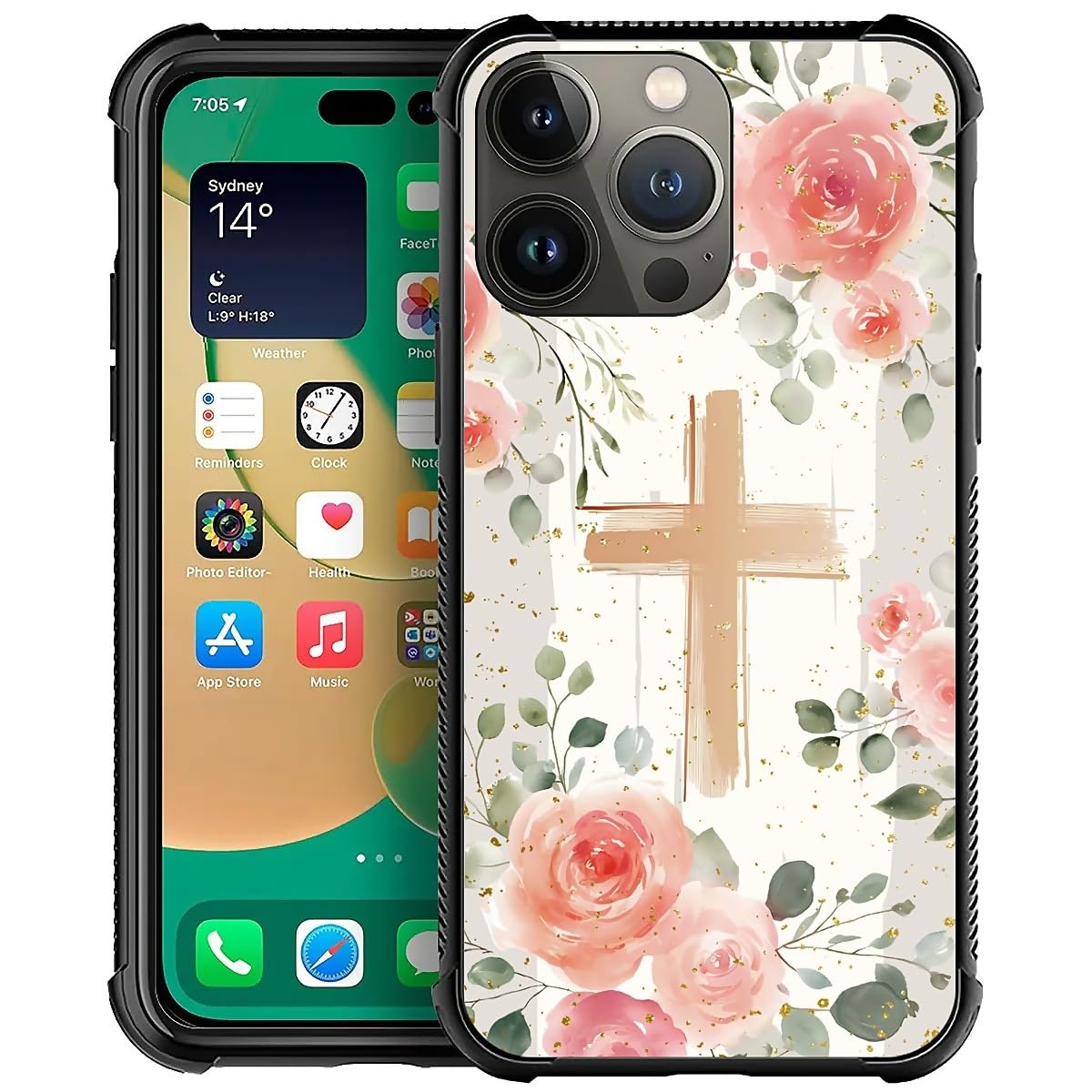 Deaorew for iPhone 14 Pro Case | Classic Slim Cover Design | Christian Cross Pink Roses