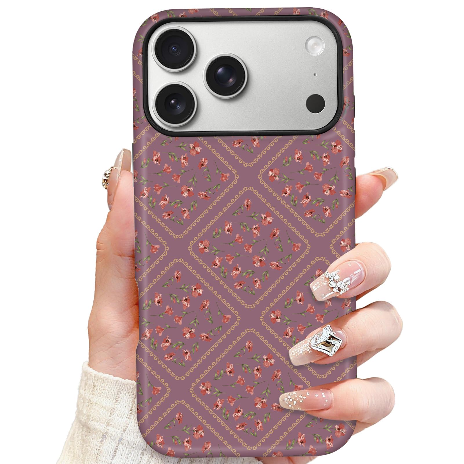 SOKAD Magnetic Floral Phone Case for iPhone 17 Pro, Vintage Purple Flower Pattern Compatible with Magsafe Matte Protective Case 