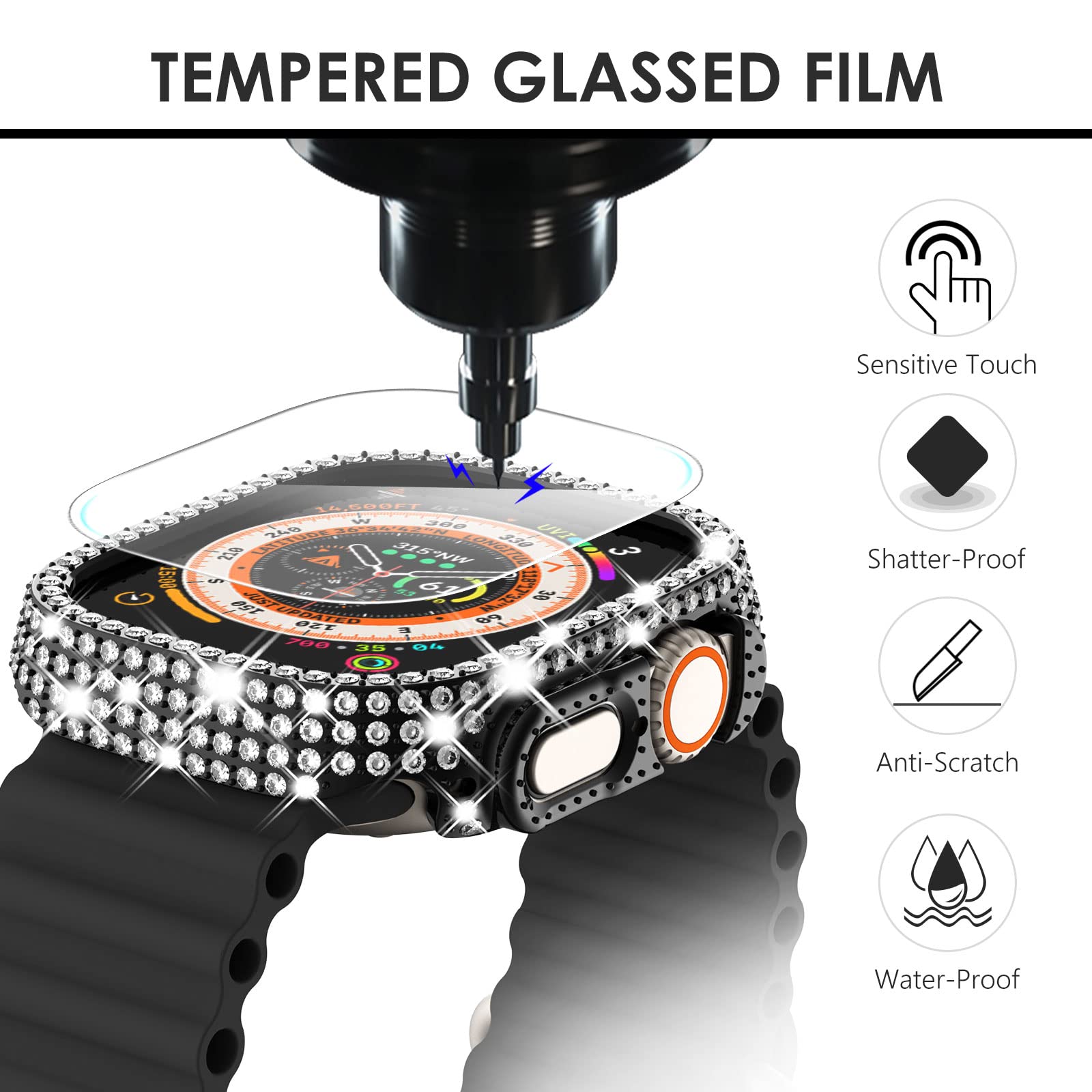 [2+1] Surace Compatible With Apple Watch Ultra 49Mm Screen Protector Case, 400 Diamonds With Screen Protector Bling Case Tempere