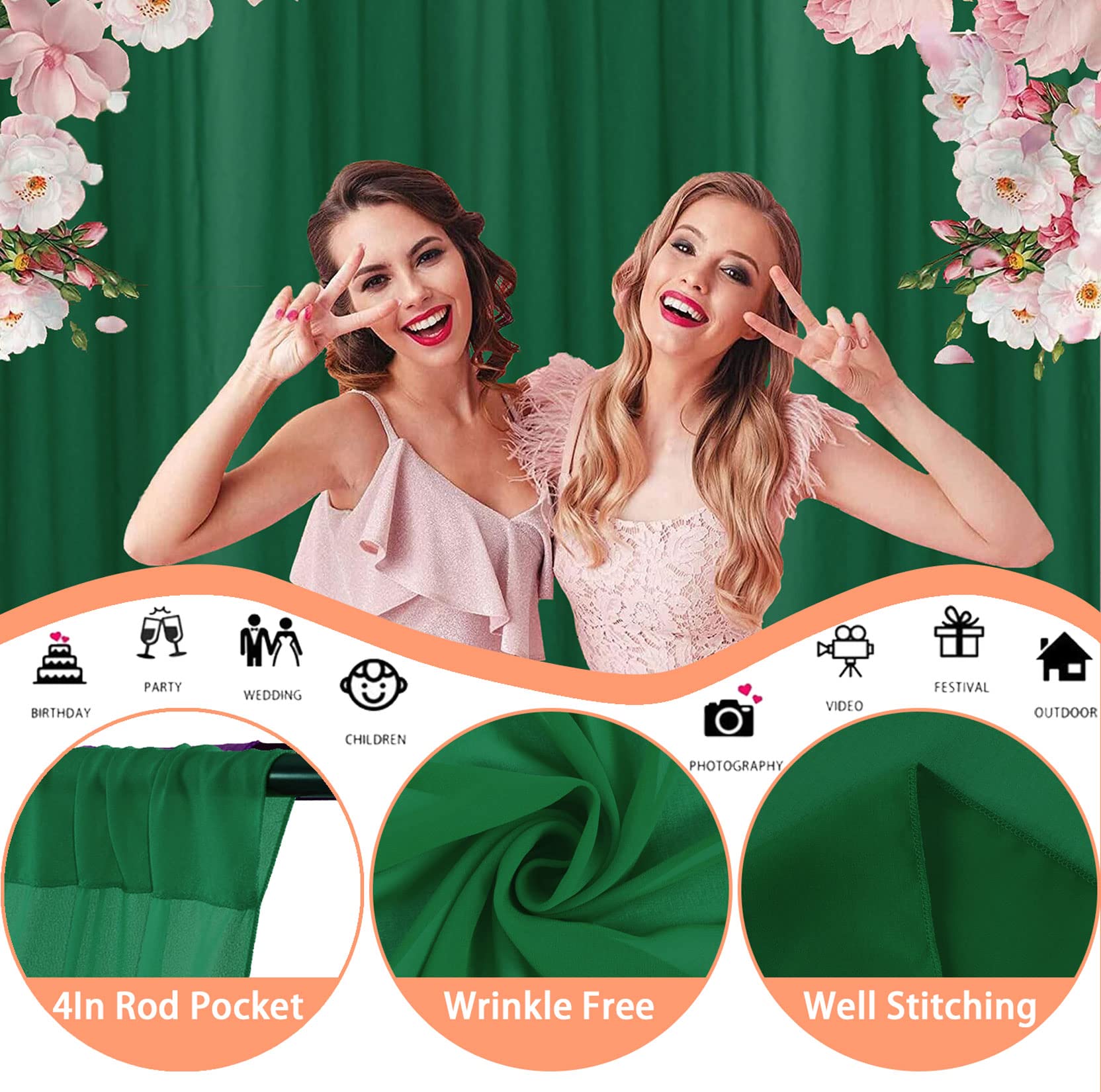 Emerald Green Backdrop Curtains 10Ftx10Ft 2 Panels Chiffon Fabric Wedding Drapes Semi Sheer Curtains For Backdrop Baby Shower Ba