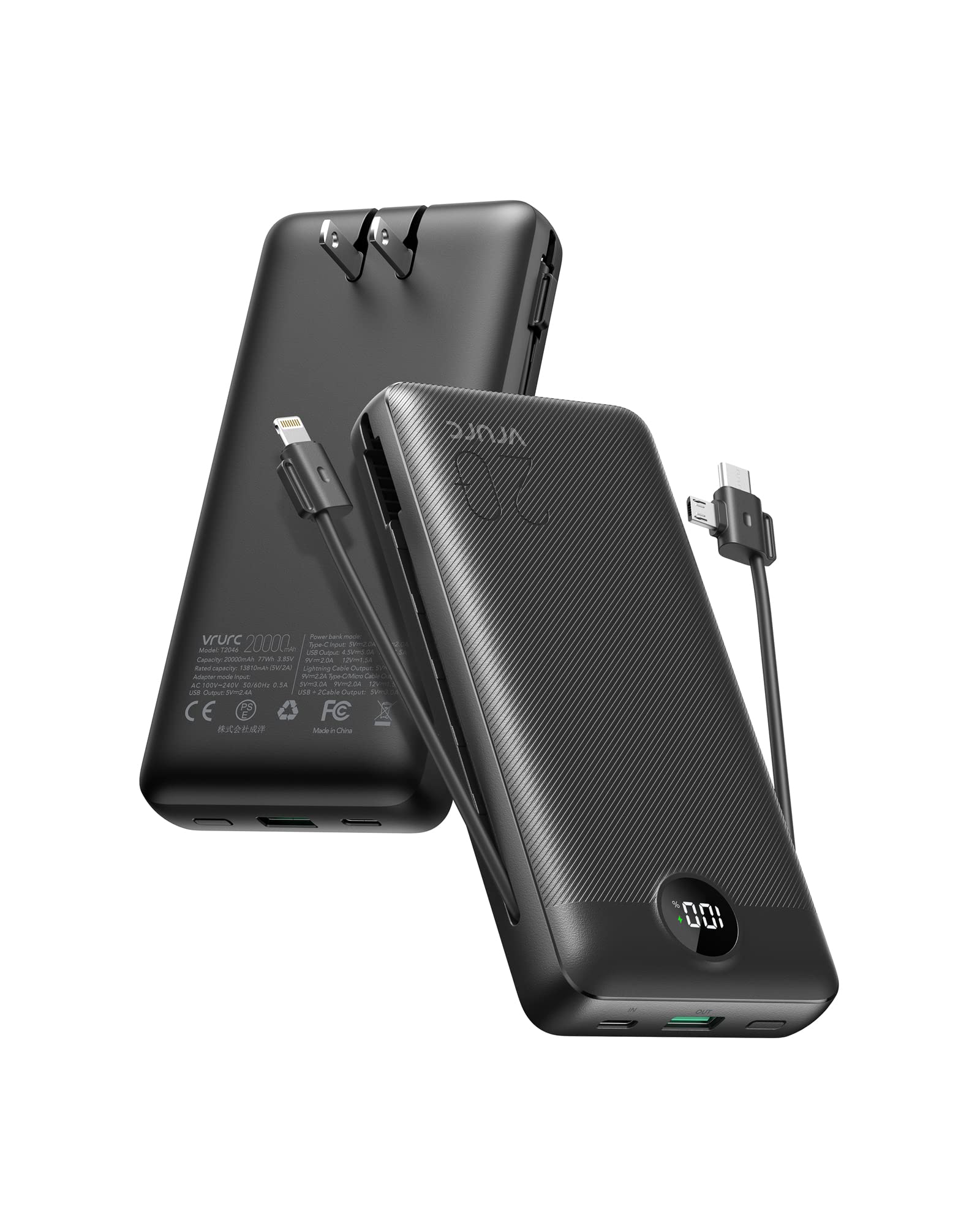 Vrurc Portable Charger 20000Mah, Fast Charging Power Bank Usb C,4 Output 2 Input Charging Bank Equipped With Led Display,Built I