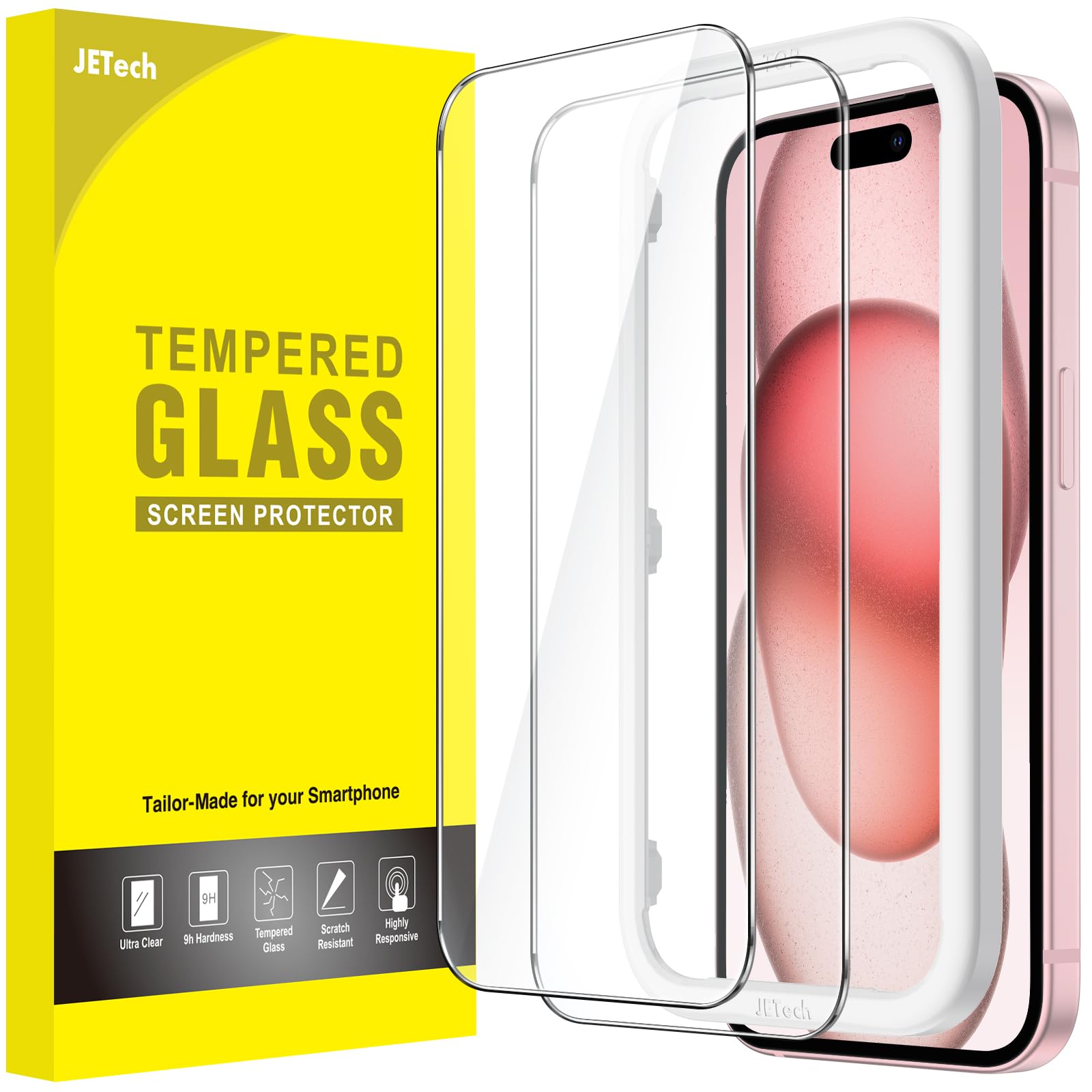 Jetech Screen Protector For Iphone 15 6.1 Inch, Bubble Free, Tempered Glass Film With Easy Installation Tool, Case Friendly, Hd